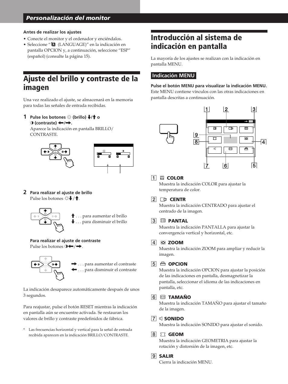 Ajuste del brillo y contraste de la imagen, Introducción al sistema de indicación en pantalla, Personalización del monitor | Sony CPD-200GS User Manual | Page 44 / 57