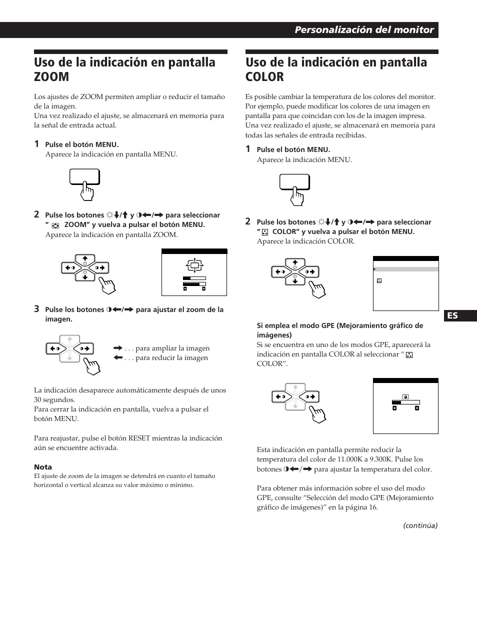 Uso de la indicación en pantalla color, Uso de la indicación en pantalla zoom, Personalización del monitor | Sony CPD-200GS User Manual | Page 47 / 57