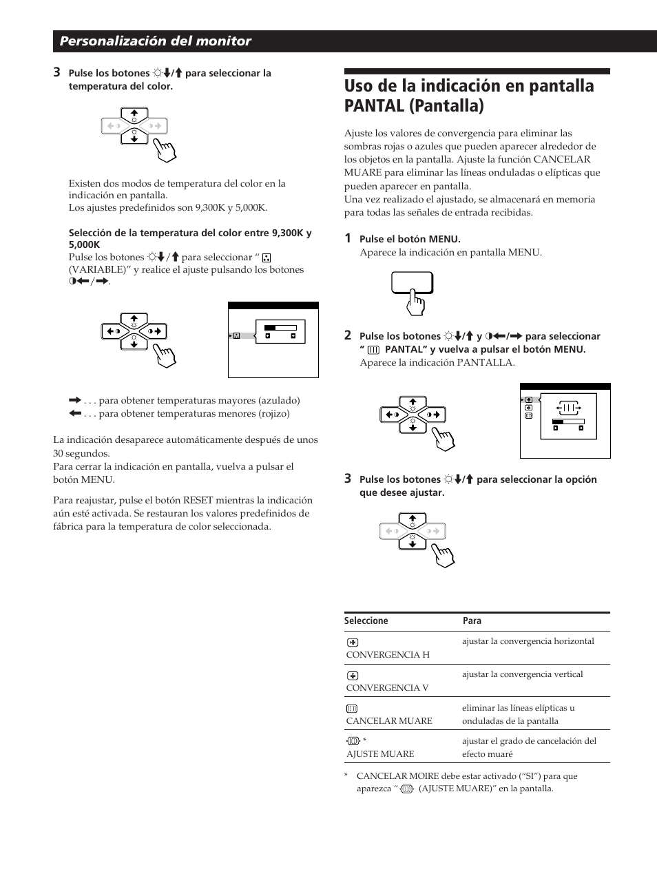 Uso de la indicación en pantalla pantal (pantalla), Personalización del monitor | Sony CPD-200GS User Manual | Page 48 / 57