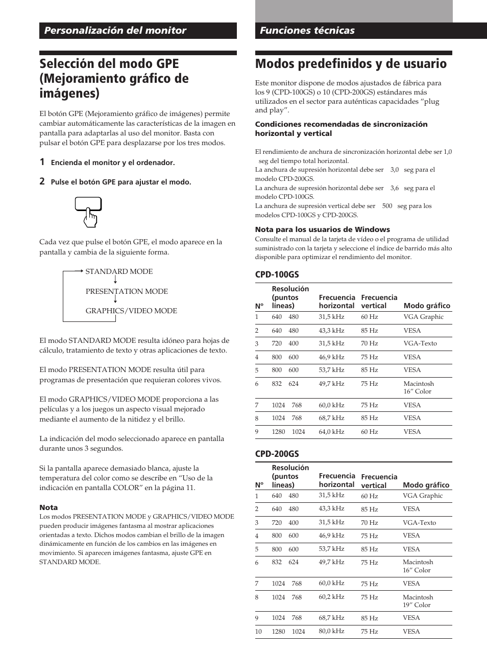 Modos predefinidos y de usuario, Personalización del monitor, Funciones técnicas | Cpd-100gs, Cpd-200gs | Sony CPD-200GS User Manual | Page 52 / 57