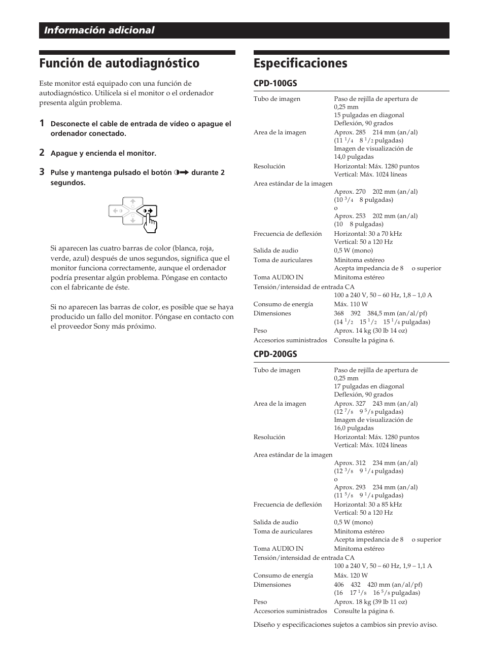 Función de autodiagnóstico, Especificaciones, Información adicional | Cpd-100gs, Cpd-200gs | Sony CPD-200GS User Manual | Page 56 / 57