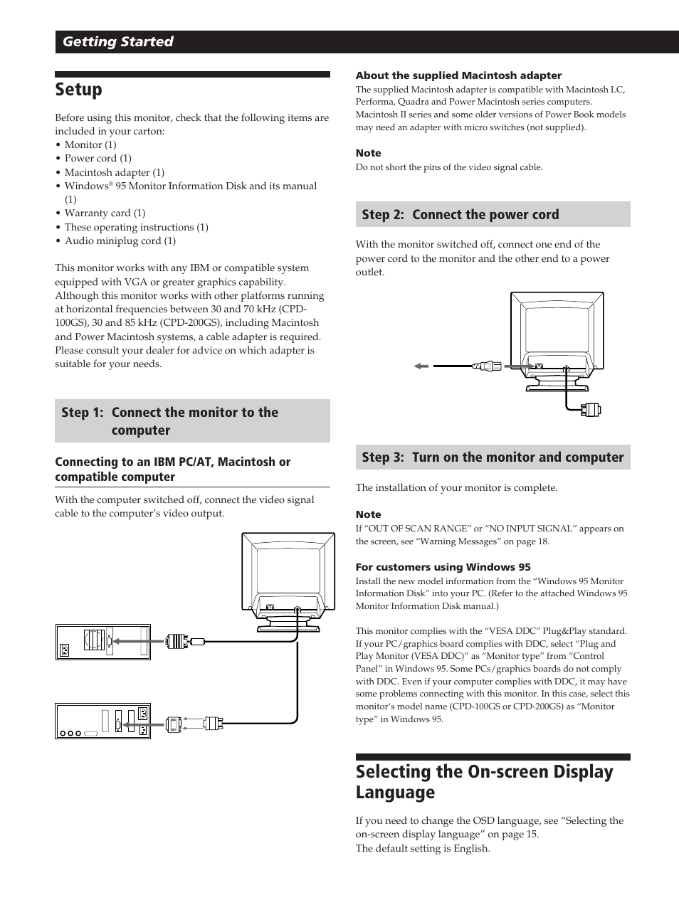 Selecting the on-screen display language, Setup, Getting started | Step 2: connect the power cord, Step 3: turn on the monitor and computer, Step 1: connect the monitor to the computer | Sony CPD-200GS User Manual | Page 6 / 57