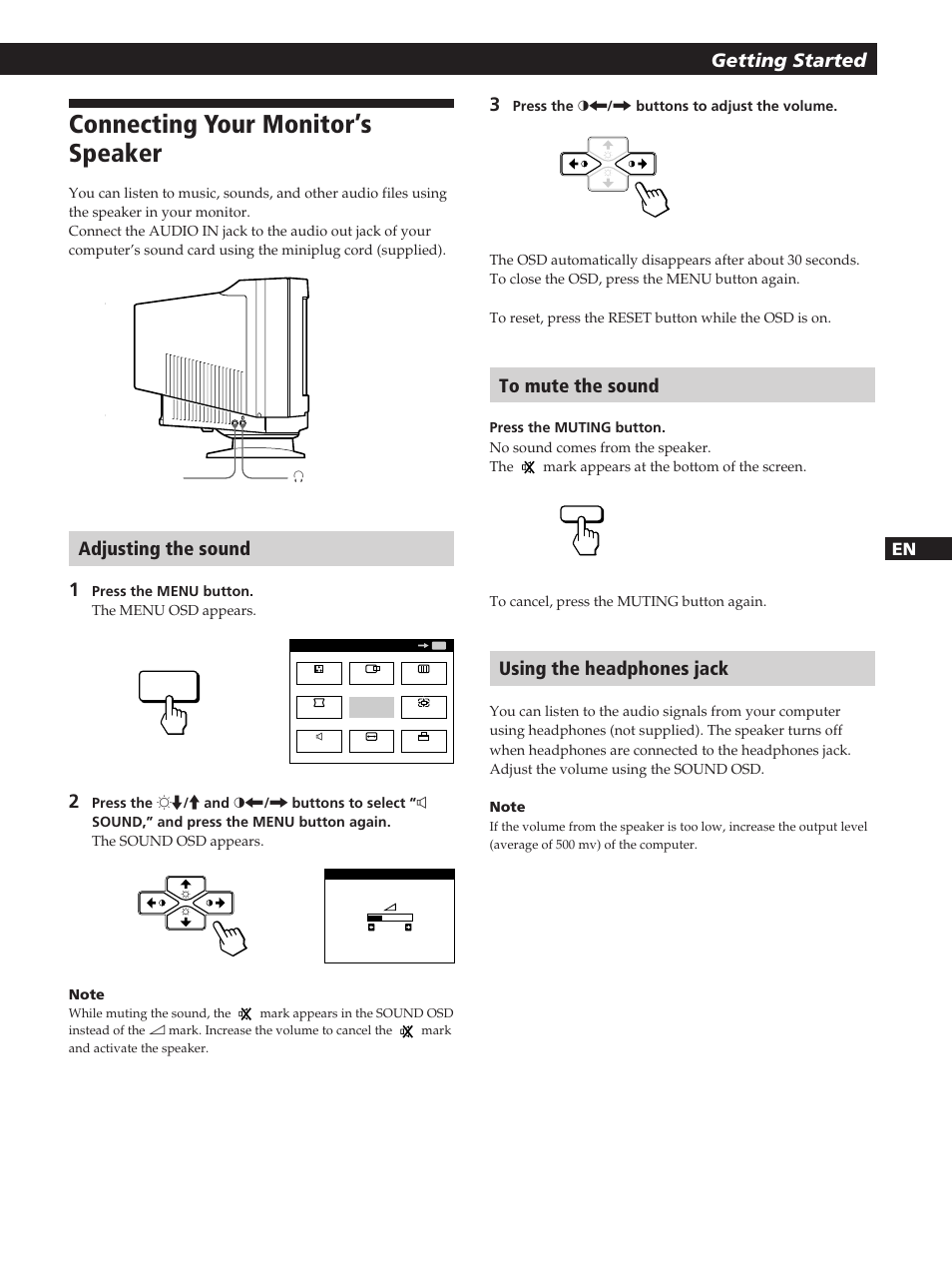 Connecting your monitor’s speaker, Getting started, Adjusting the sound 1 | Using the headphones jack | Sony CPD-200GS User Manual | Page 7 / 57