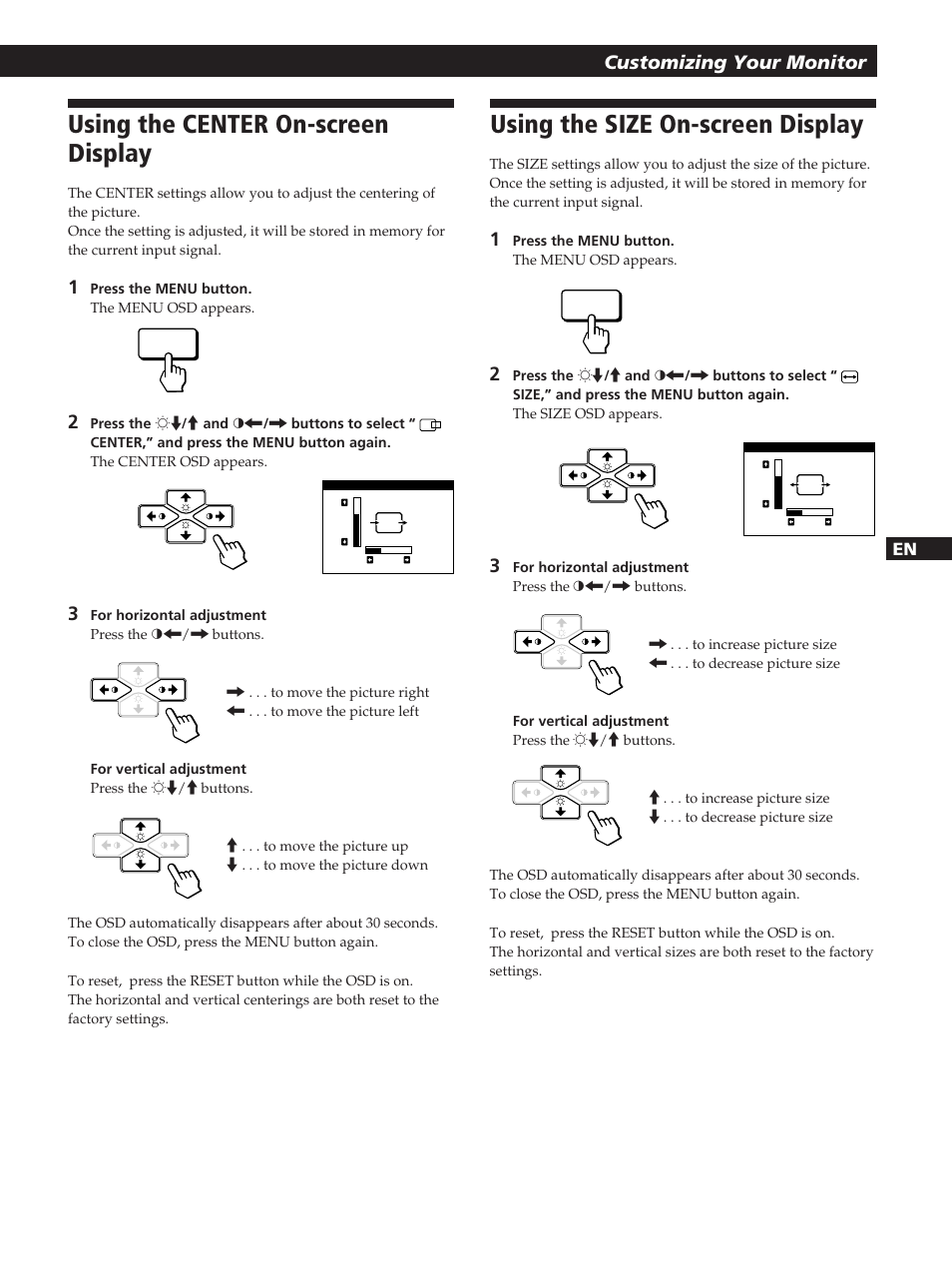 Using the center on-screen display, Using the size on-screen display, Getting started | Customizing your monitor | Sony CPD-200GS User Manual | Page 9 / 57