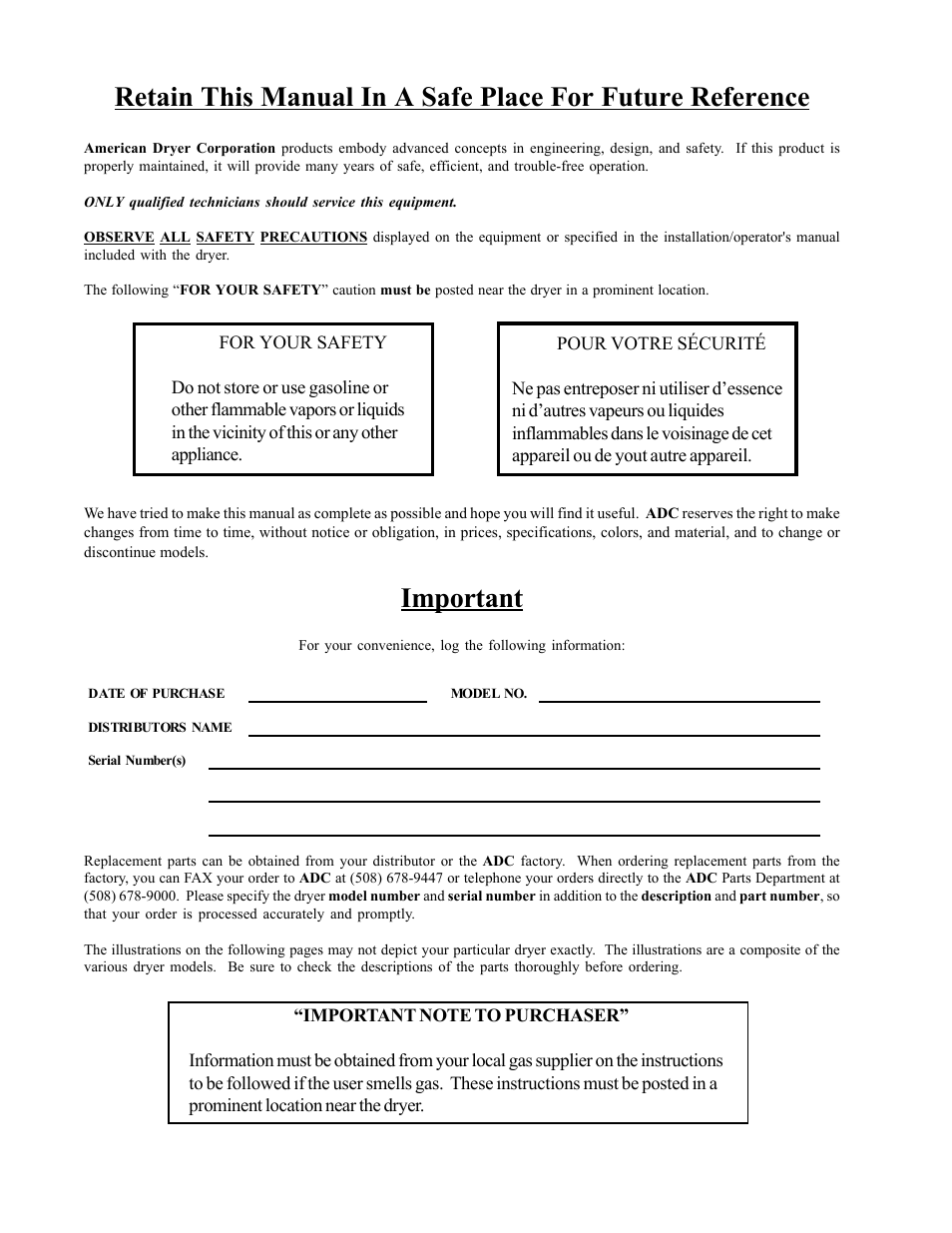 Important | American Dryer Corp. ML-75HS User Manual | Page 2 / 56