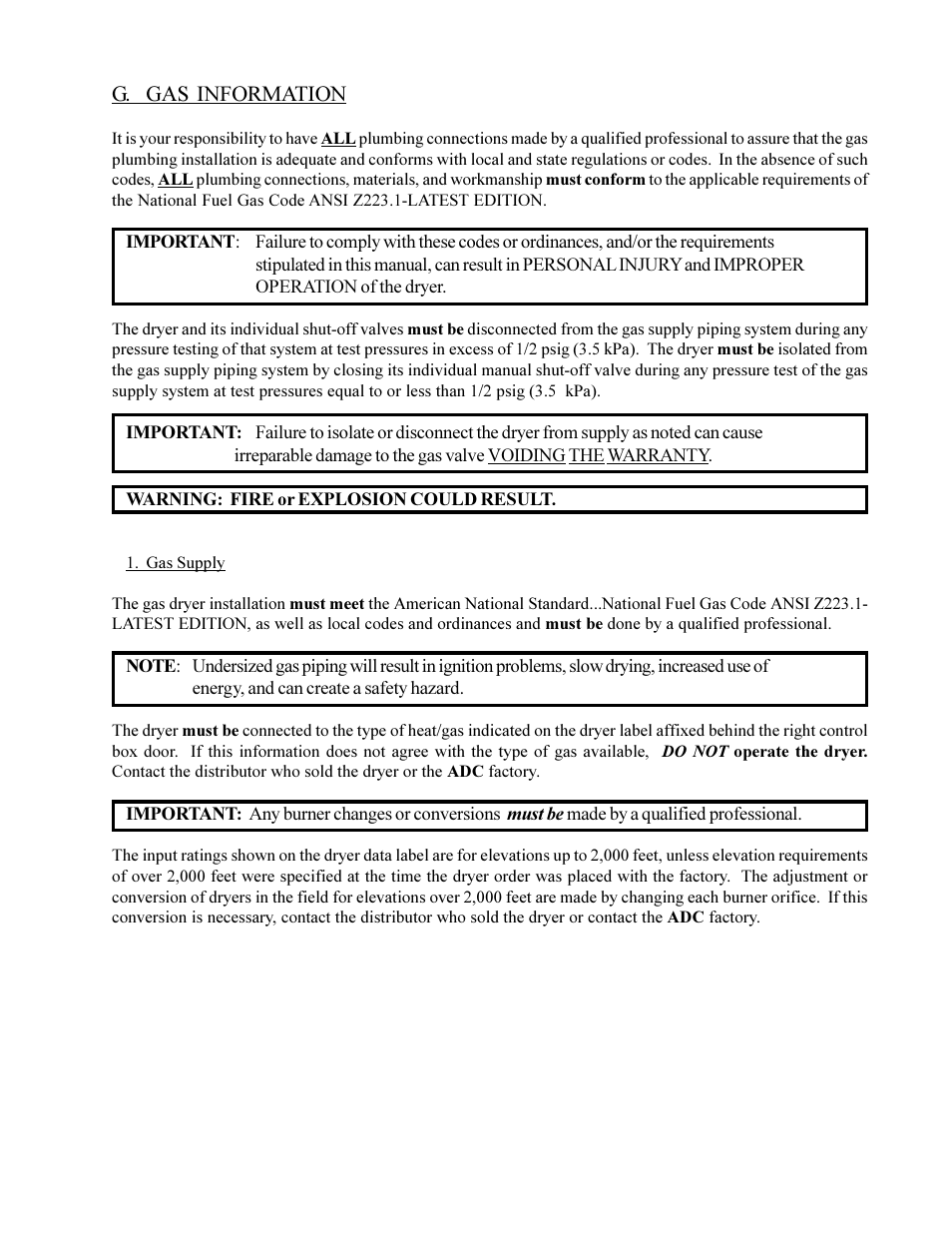 G. gas information | American Dryer Corp. ML-75HS User Manual | Page 31 / 56