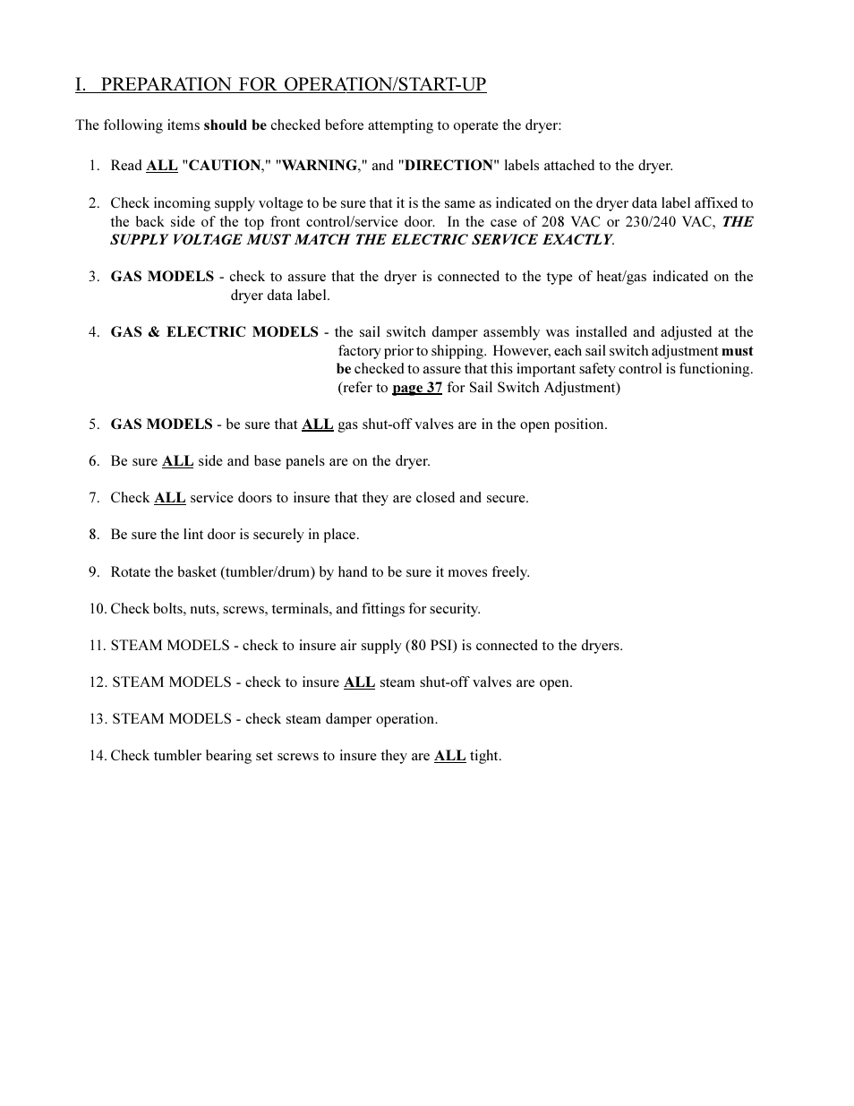 I. preparation for operation/start-up | American Dryer Corp. ML-75HS User Manual | Page 40 / 56