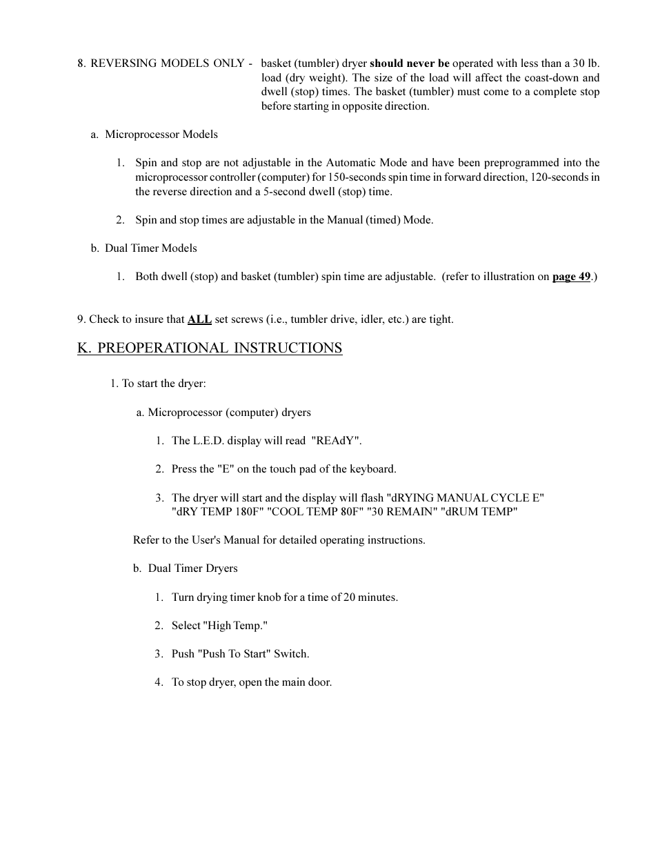 K. preoperational instructions | American Dryer Corp. ML-75HS User Manual | Page 43 / 56