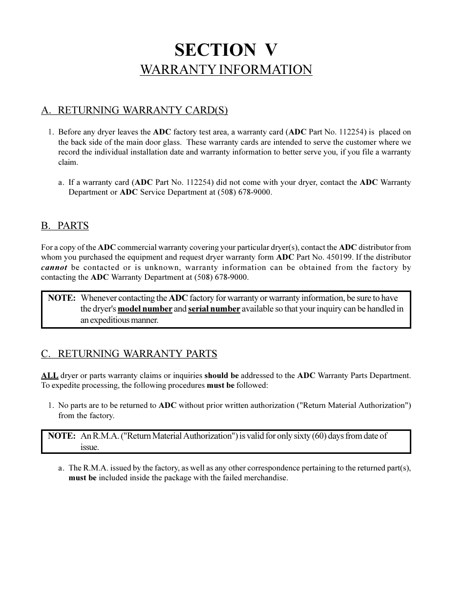 Warranty information | American Dryer Corp. ML-75HS User Manual | Page 46 / 56