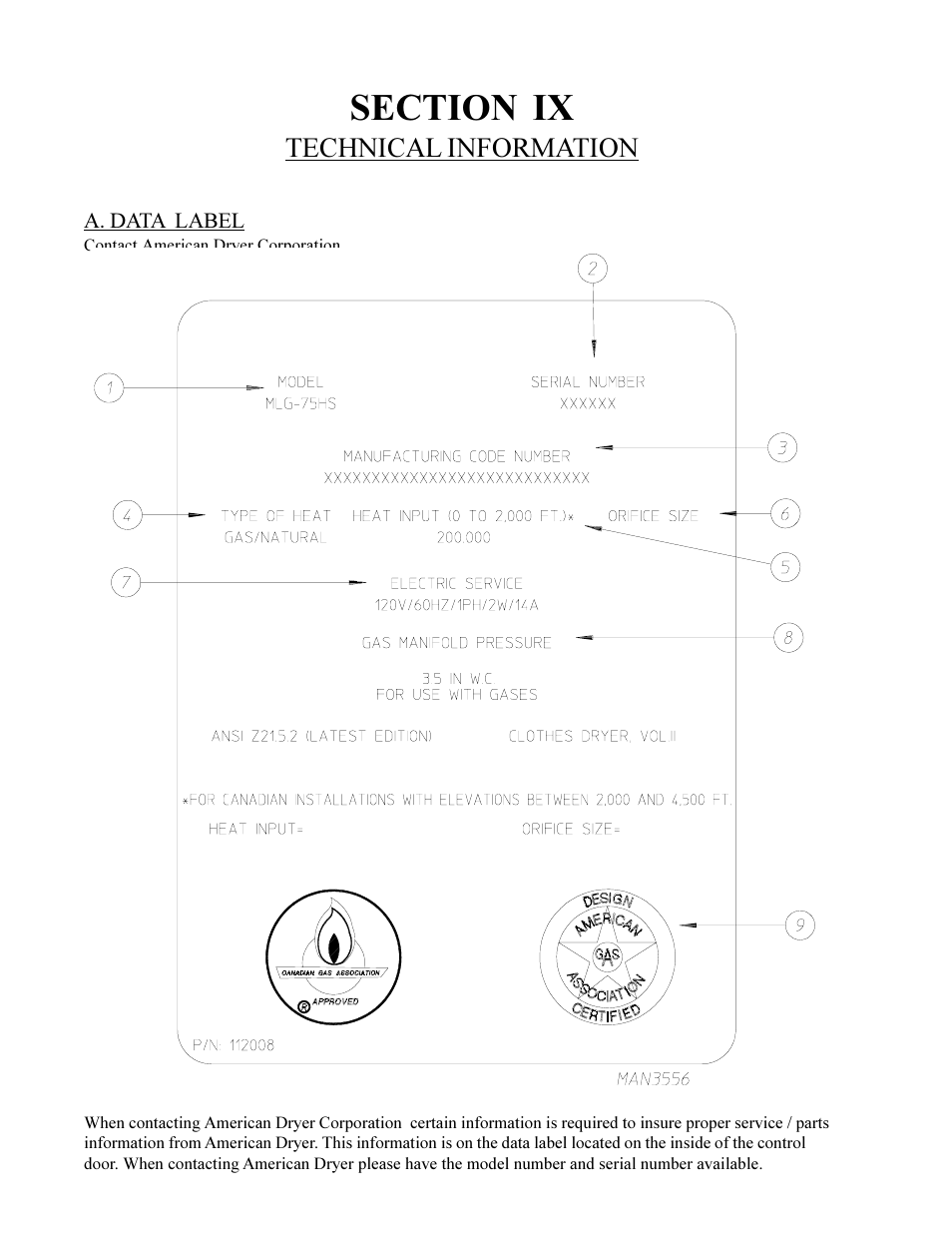 Technical information | American Dryer Corp. ML-75HS User Manual | Page 54 / 56