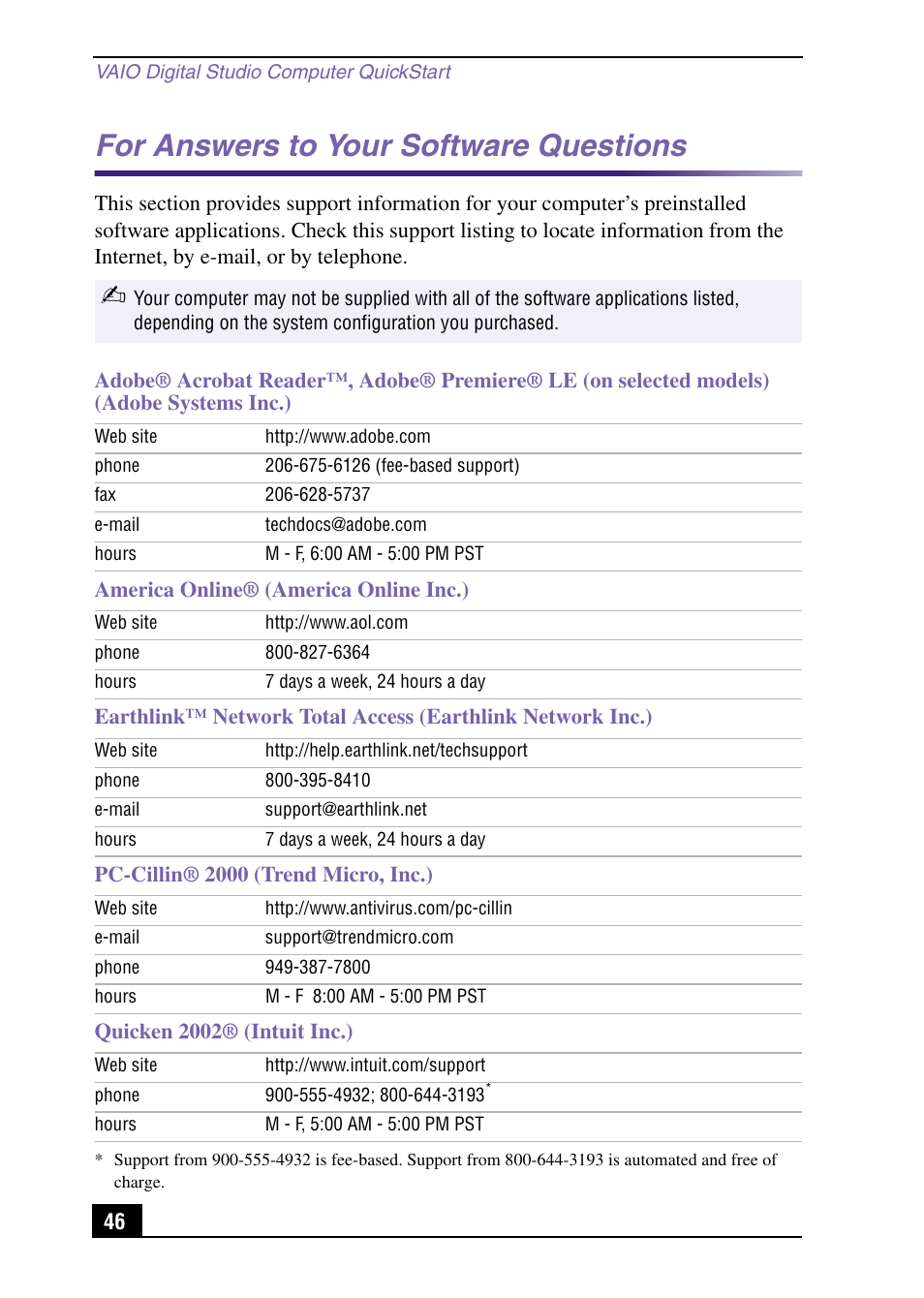 For answers to your software questions | Sony PCV-RX540 User Manual | Page 46 / 56