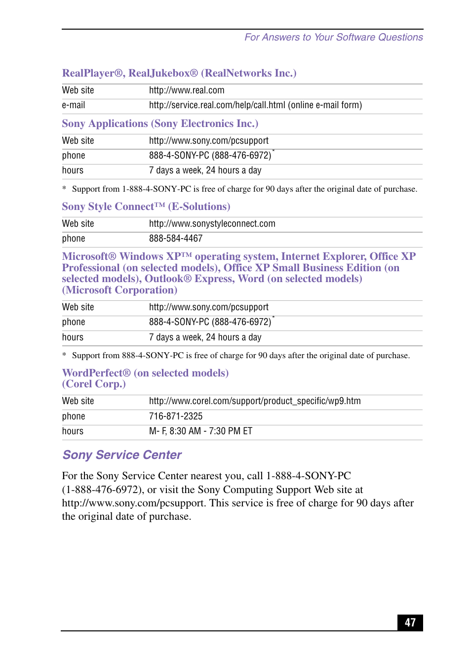 Sony service center | Sony PCV-RX540 User Manual | Page 47 / 56