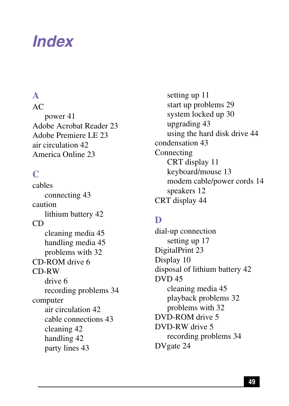 Index | Sony PCV-RX540 User Manual | Page 49 / 56