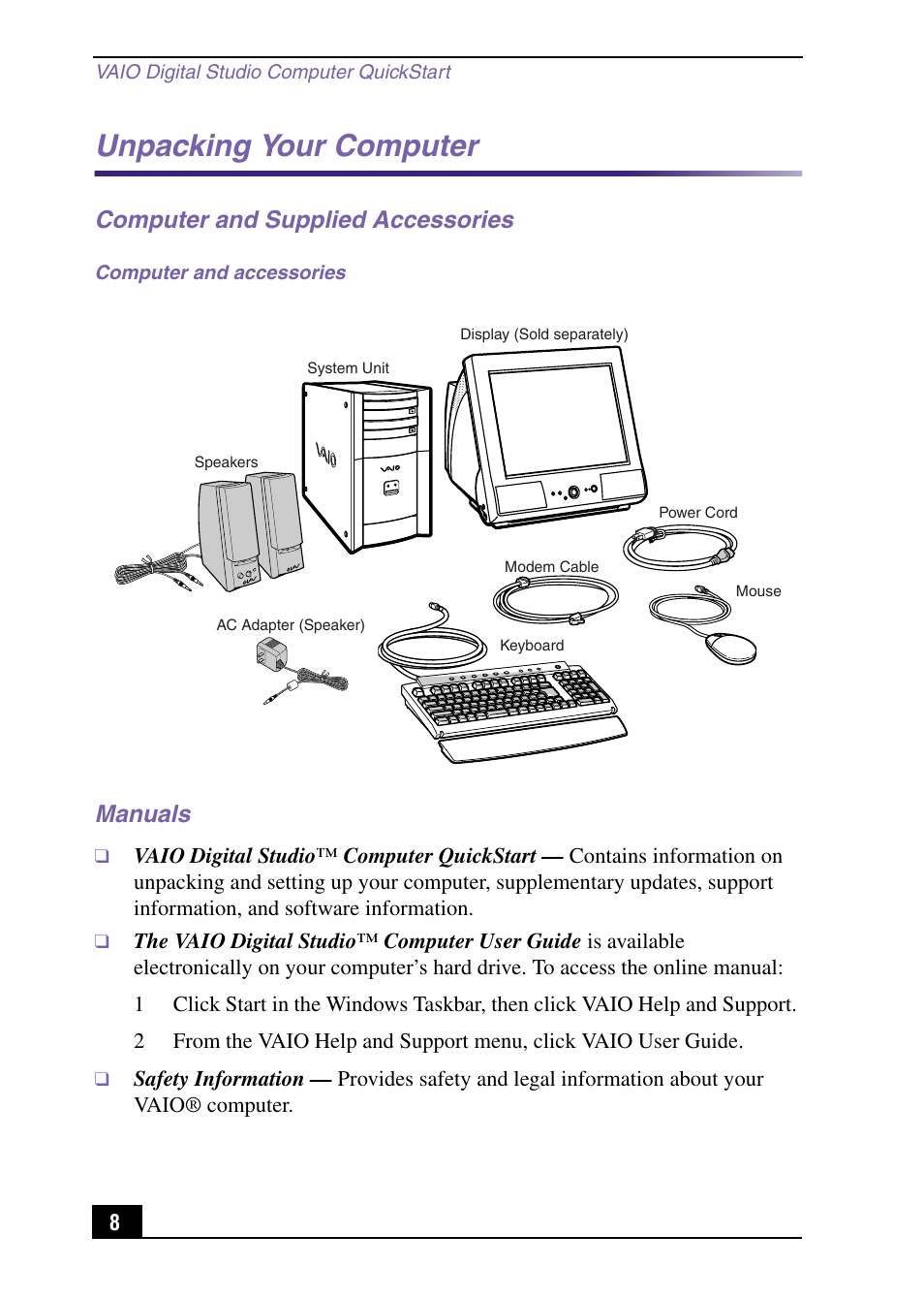 Unpacking your computer, Computer and supplied accessories manuals | Sony PCV-RX540 User Manual | Page 8 / 56