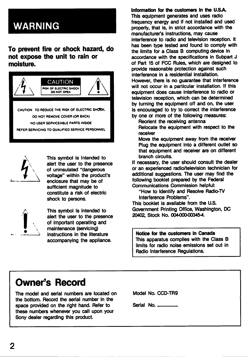 Warning, Owner’s record | Sony CCD-TR9 User Manual | Page 2 / 72