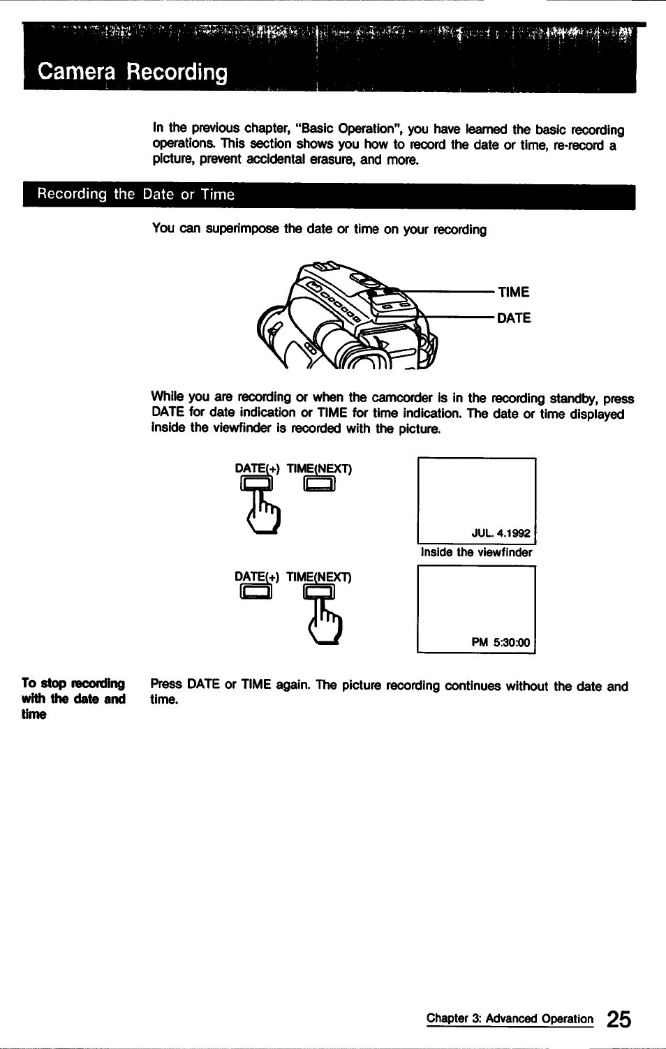 Camera recording | Sony CCD-TR9 User Manual | Page 25 / 72