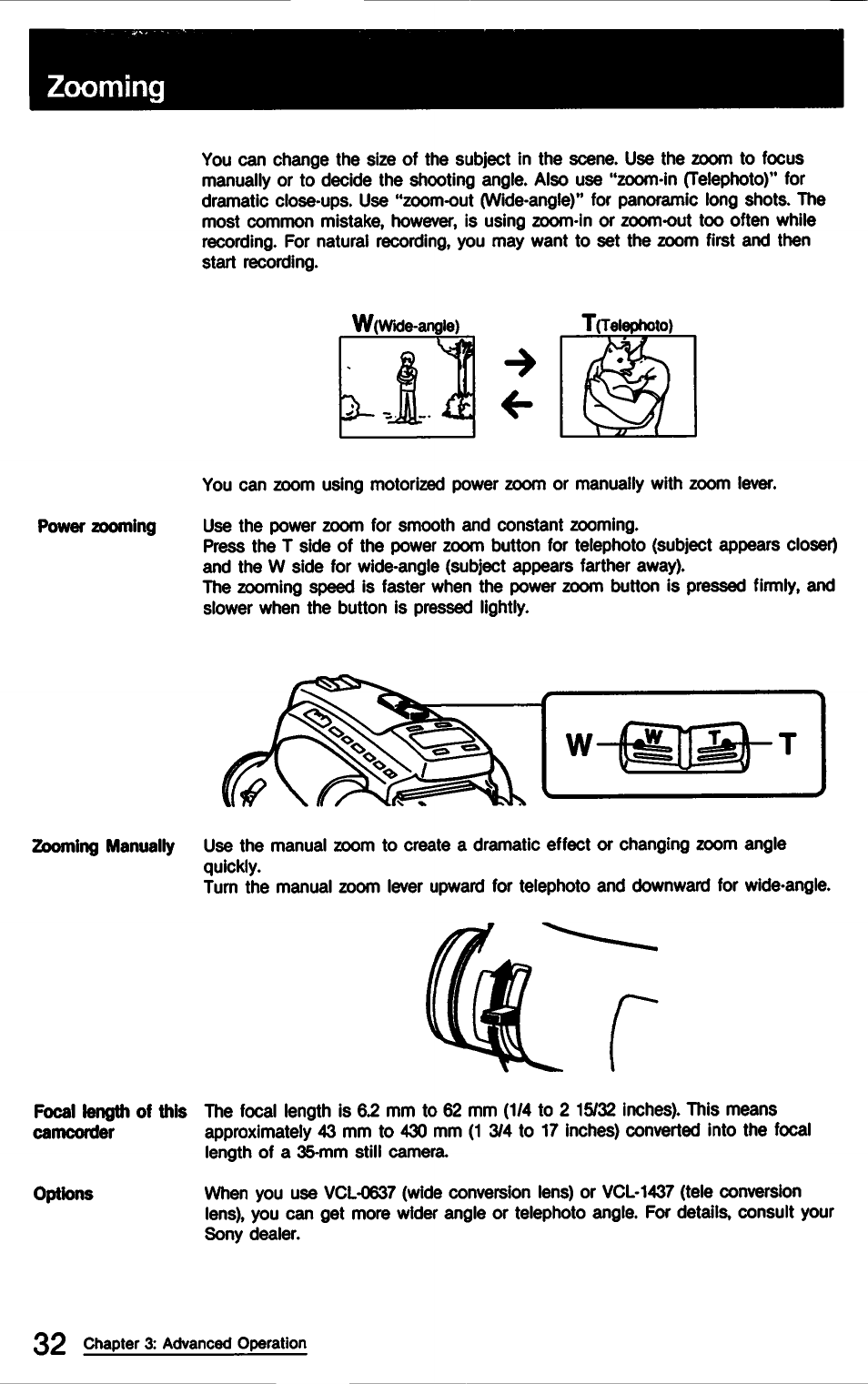 Zooming | Sony CCD-TR9 User Manual | Page 32 / 72