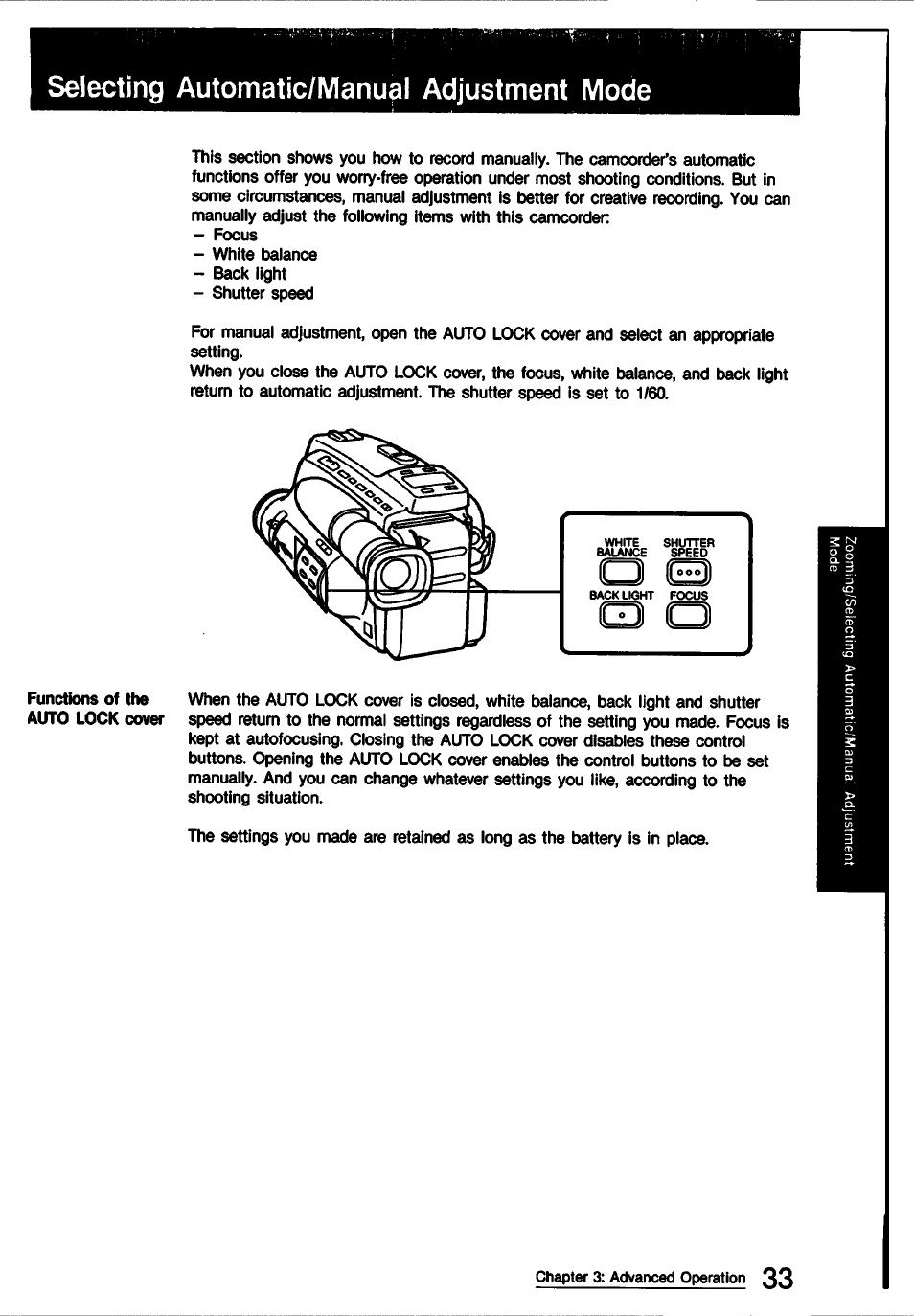 Selecting automatic/manu^l adjustment mode | Sony CCD-TR9 User Manual | Page 33 / 72
