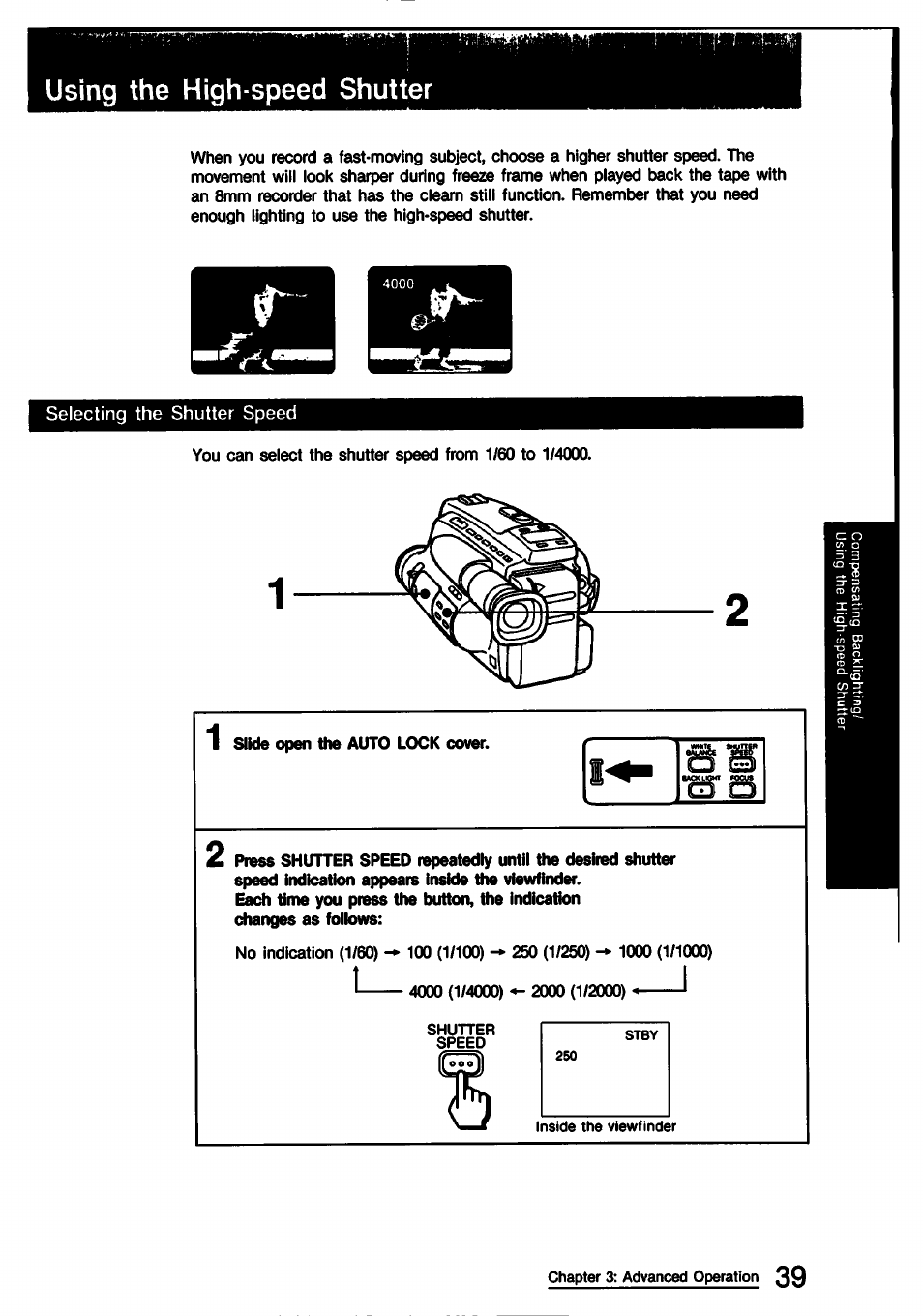 Using the high-speed shutter | Sony CCD-TR9 User Manual | Page 39 / 72