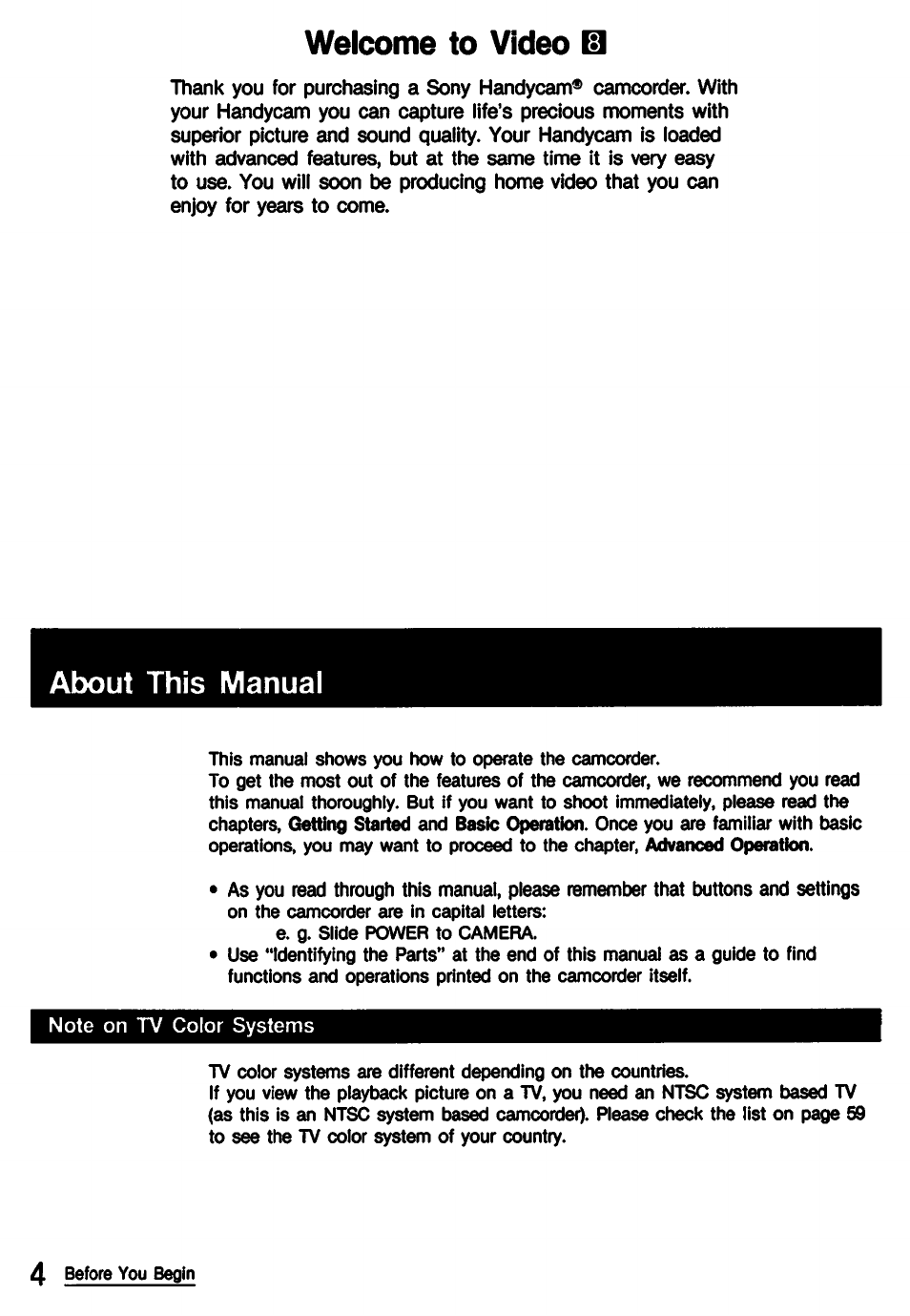 Welcome to video, About this manual | Sony CCD-TR9 User Manual | Page 4 / 72