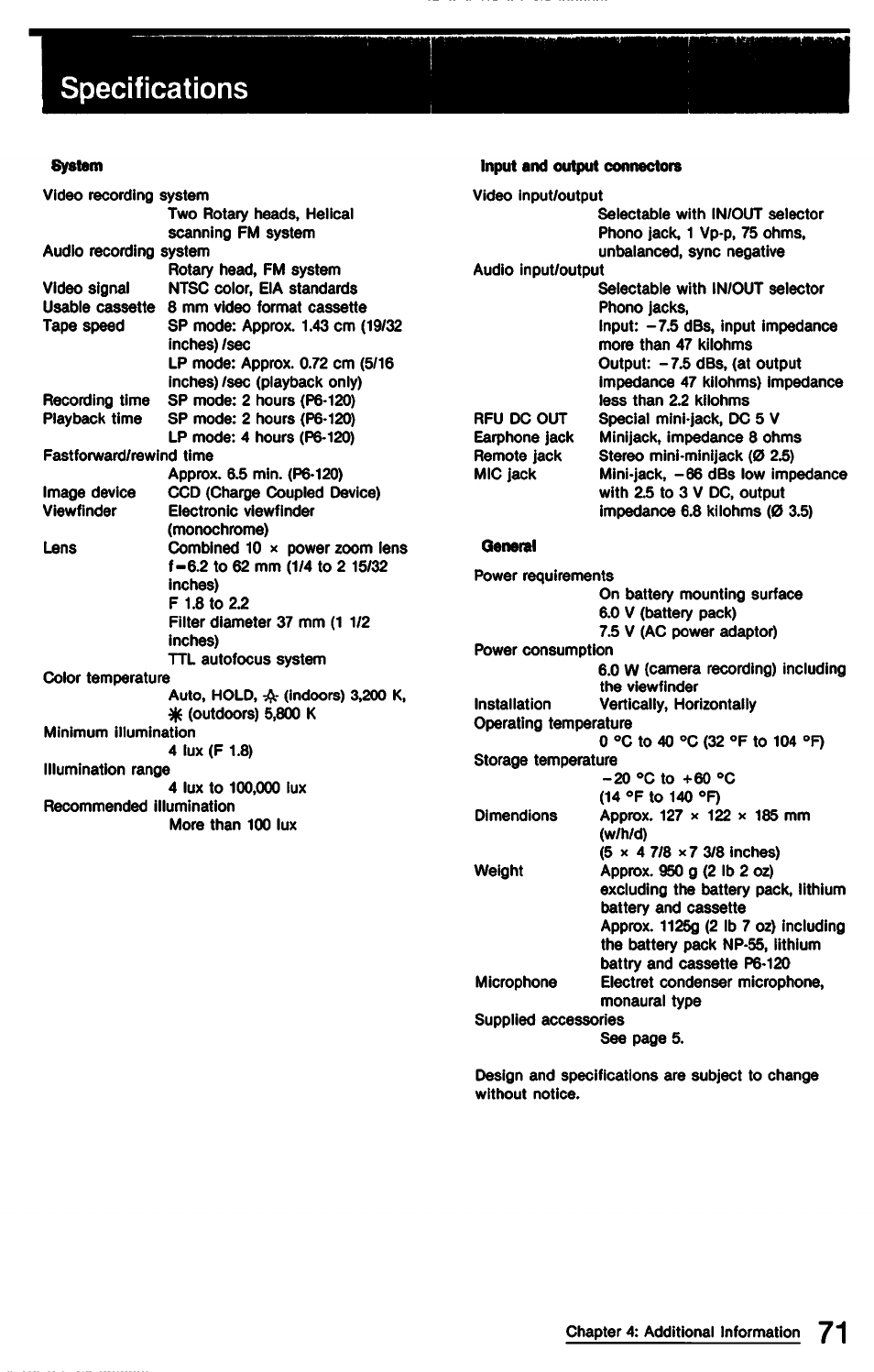 Specifications | Sony CCD-TR9 User Manual | Page 71 / 72
