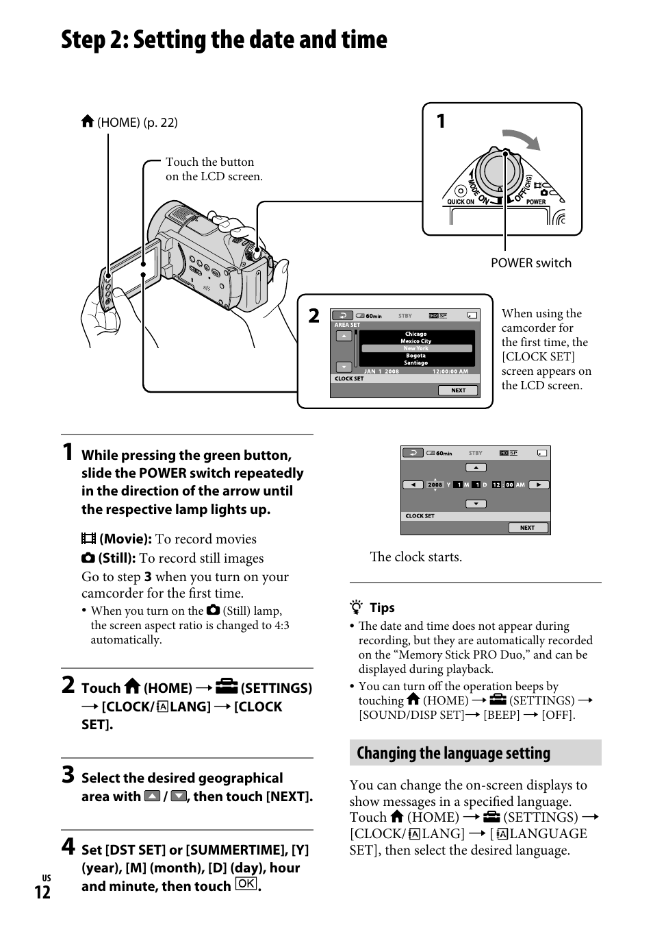 Step 2: setting the date and time, Changing the language setting | Sony HDR-CX12 User Manual | Page 12 / 72