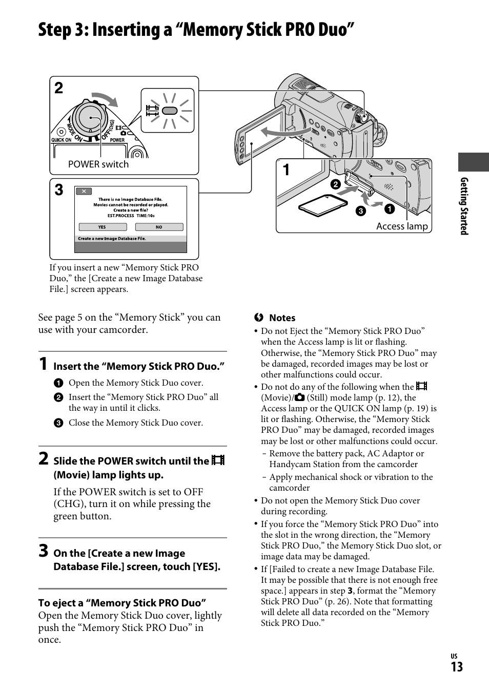 Step 3: inserting a “memory stick pro duo, Step 3: inserting a “memory stick pro | Sony HDR-CX12 User Manual | Page 13 / 72