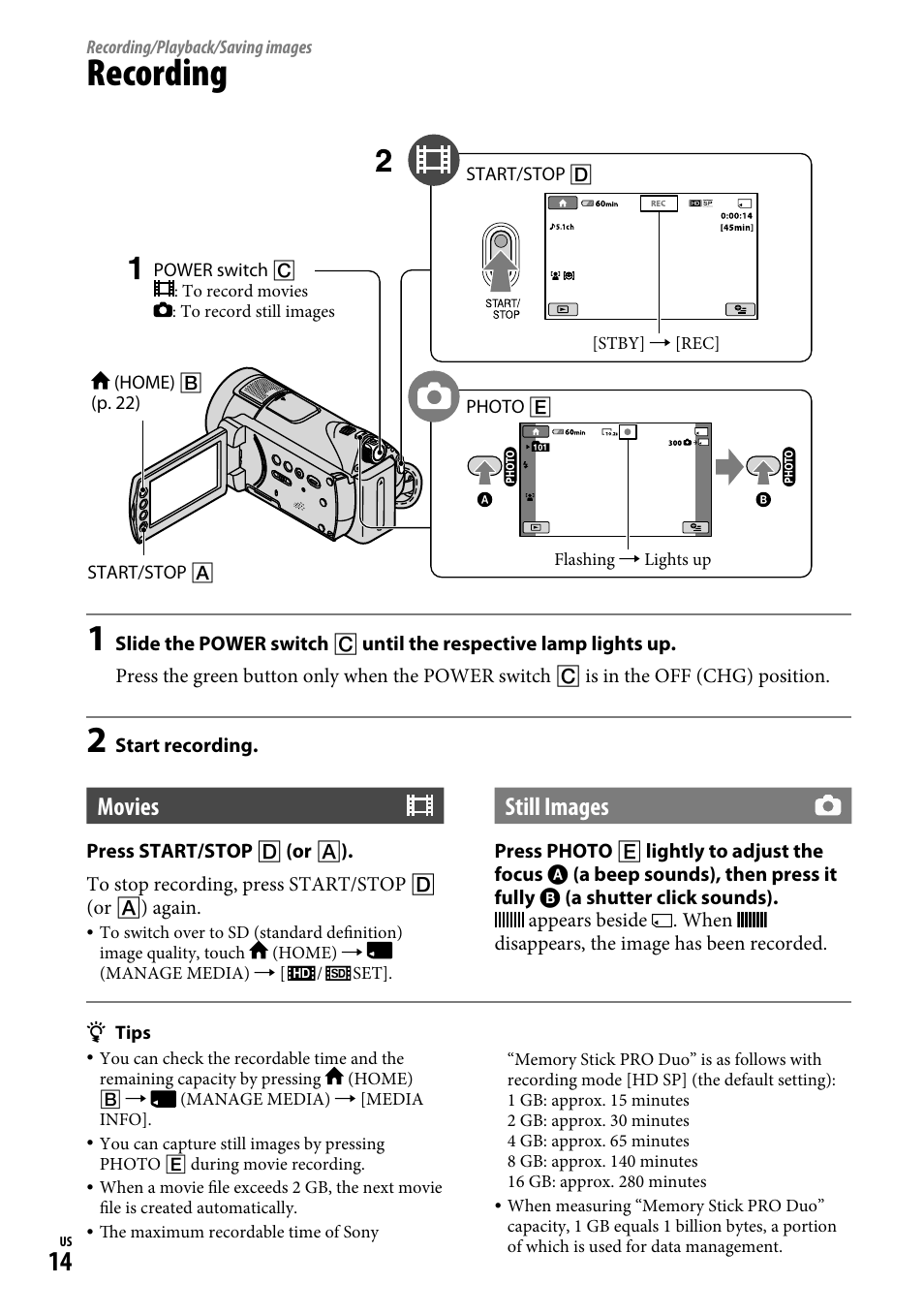 Recording/playback/saving images, Recording, Recording/playback/saving | Images, Movies, Still images | Sony HDR-CX12 User Manual | Page 14 / 72