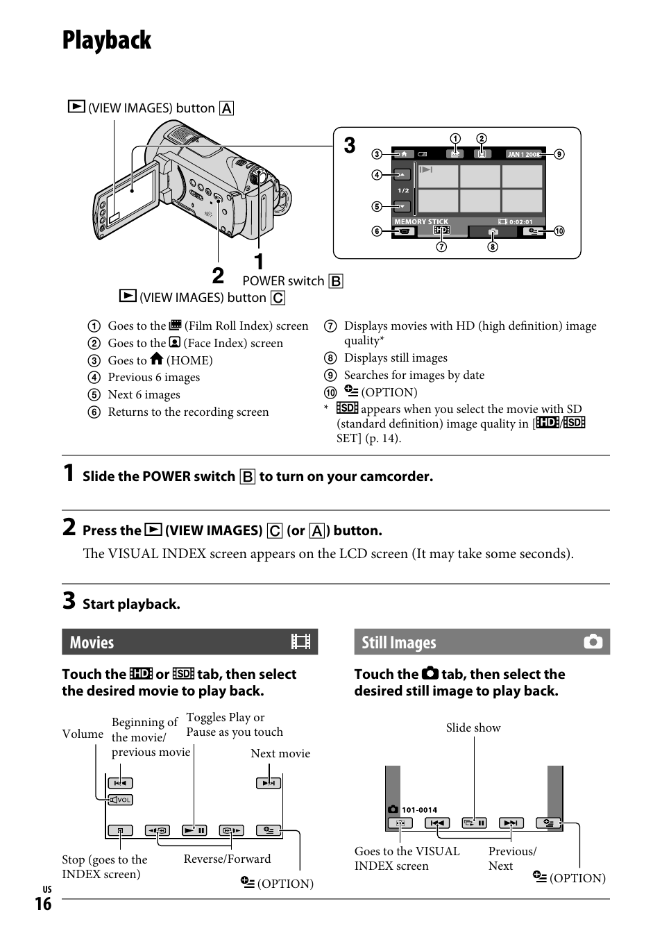 Playback, Movies, Still images | Sony HDR-CX12 User Manual | Page 16 / 72