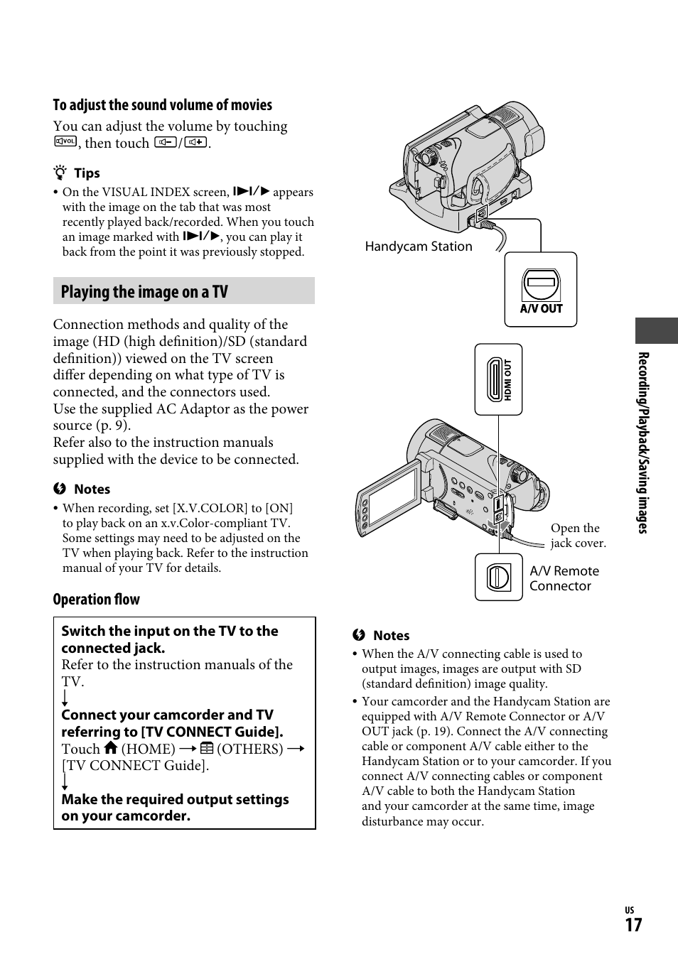 Playing the image on a tv, Operation flow | Sony HDR-CX12 User Manual | Page 17 / 72
