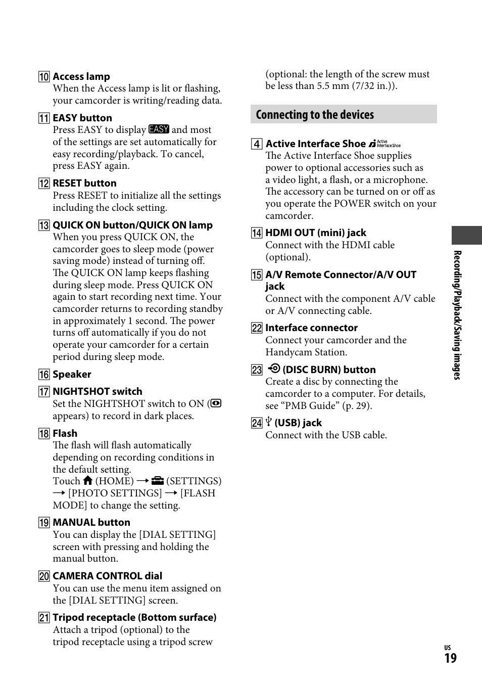 19) is, Connecting to the devices | Sony HDR-CX12 User Manual | Page 19 / 72