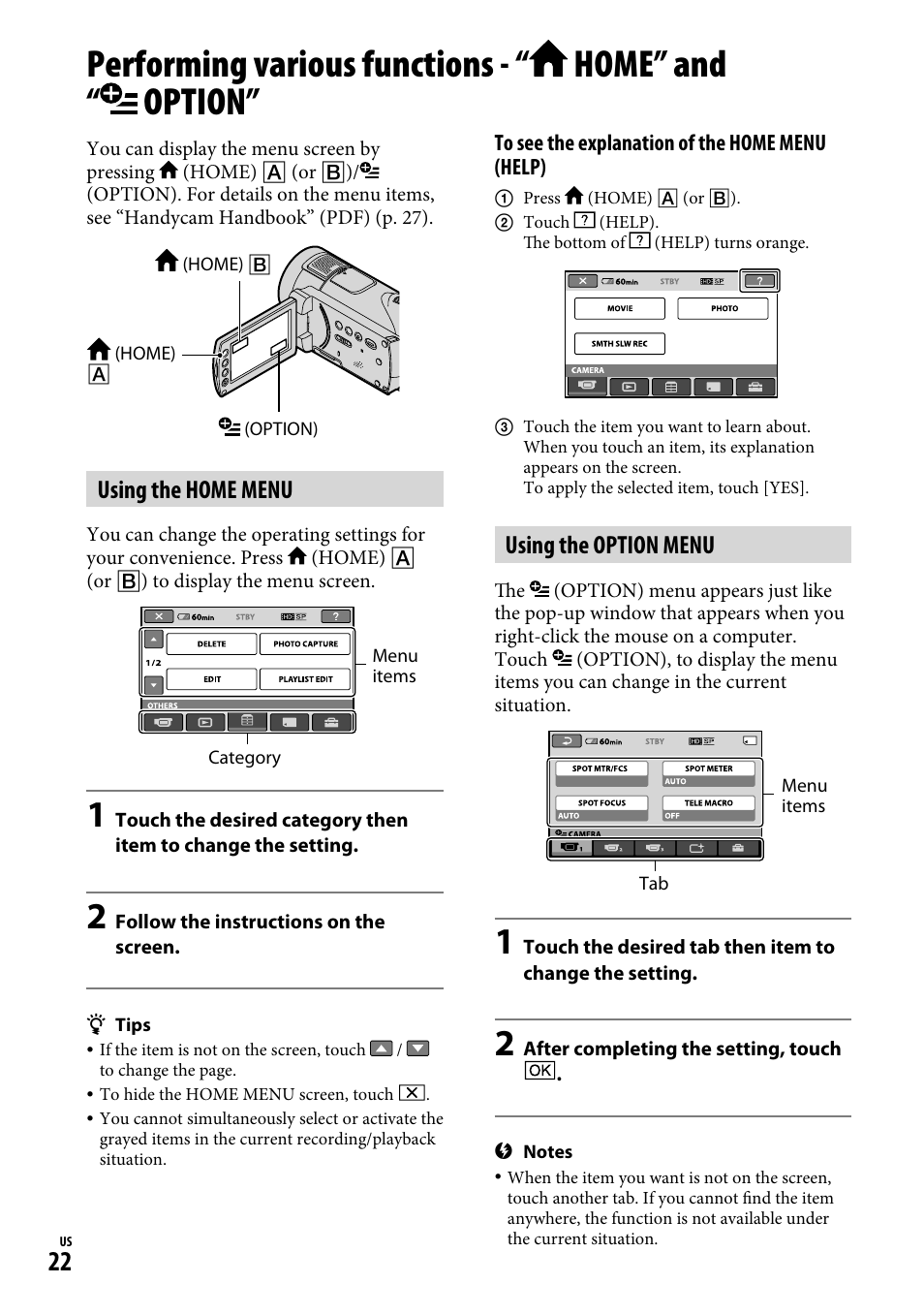 Performing various functions - “home” and “option, Performing various functions, Home” and “ option | Using the home menu, Using the option menu | Sony HDR-CX12 User Manual | Page 22 / 72