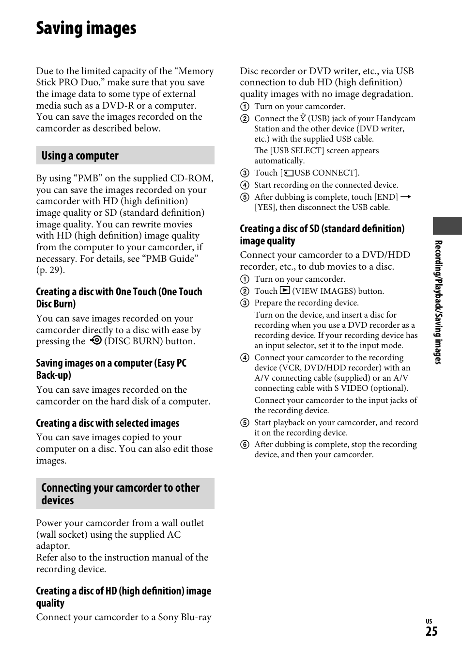 Saving images, Using a computer, Connecting your camcorder to other devices | Sony HDR-CX12 User Manual | Page 25 / 72