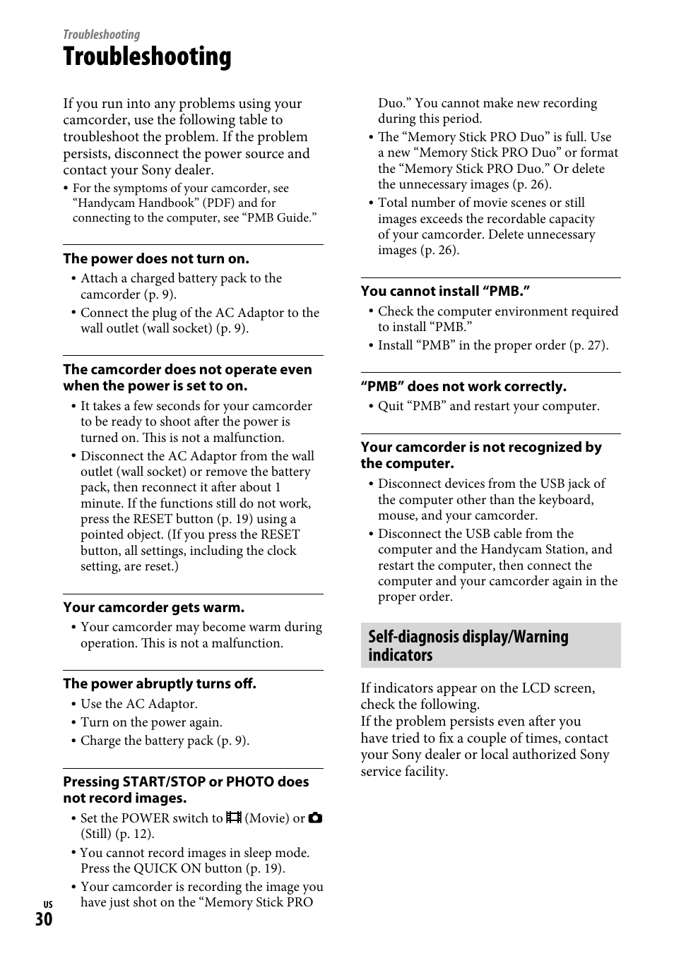 Troubleshooting, Self-diagnosis display/warning indicators | Sony HDR-CX12 User Manual | Page 30 / 72
