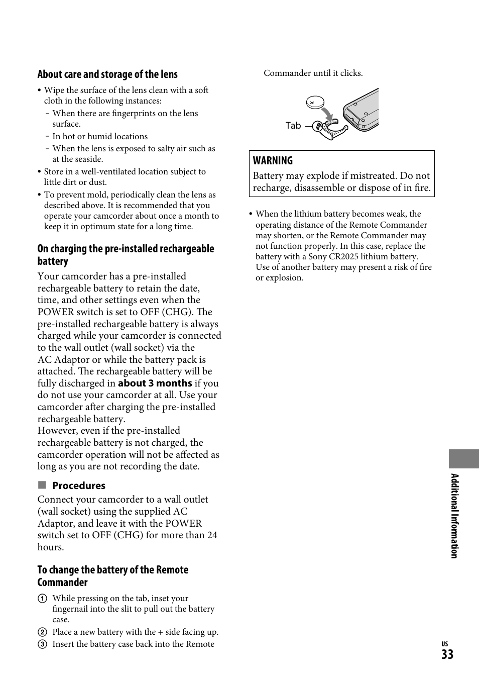 About care and storage of the lens, On charging the pre-installed rechargeable battery, Warning | Sony HDR-CX12 User Manual | Page 33 / 72