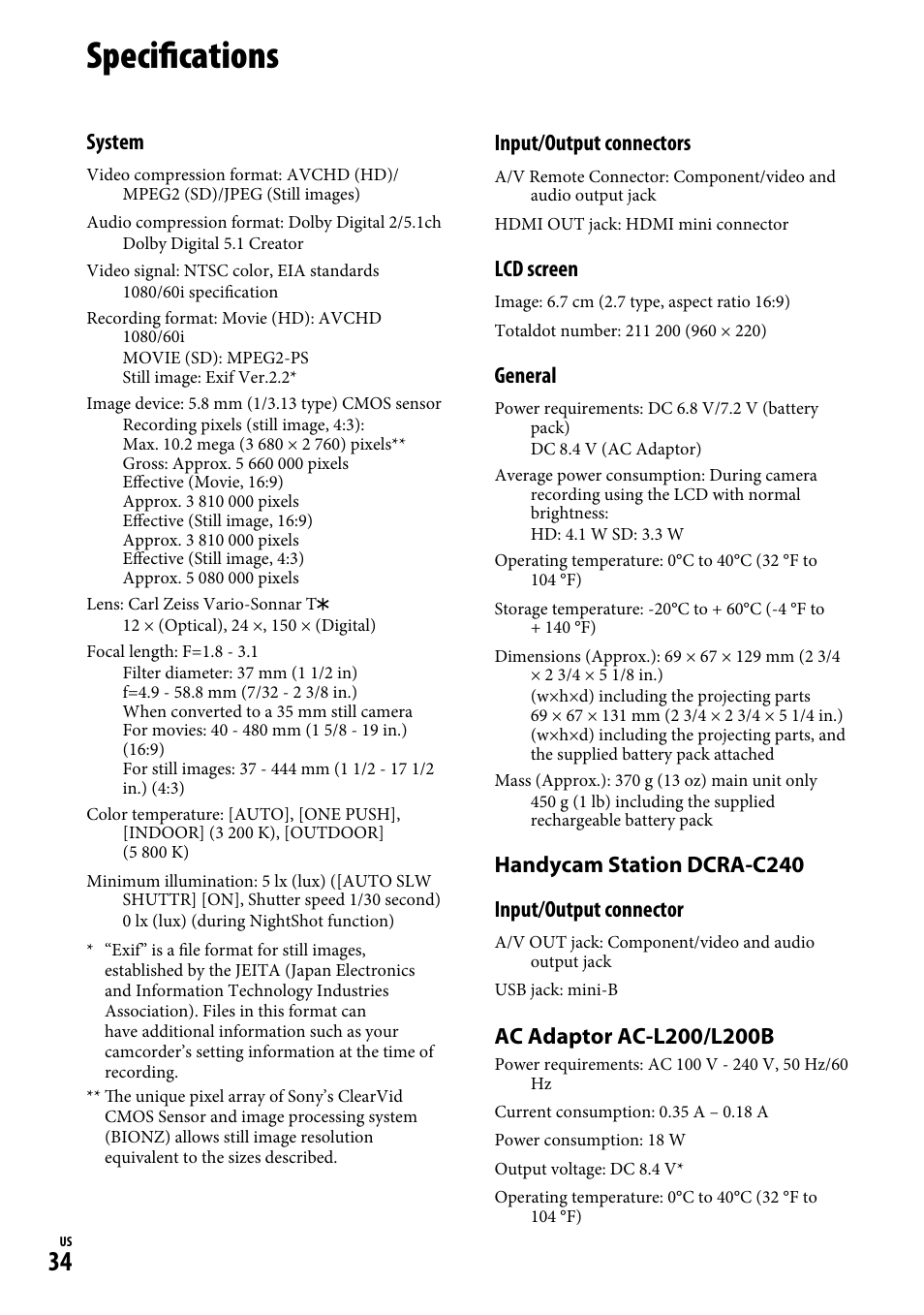 Specifications, System, Input/output connectors | Lcd screen, General, Handycam station dcra-c240 input/output connector | Sony HDR-CX12 User Manual | Page 34 / 72