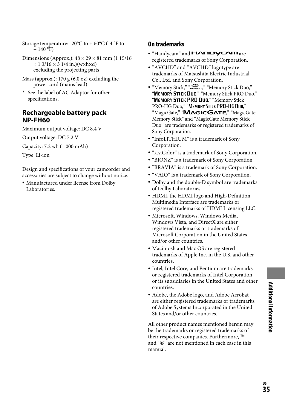 Rechargeable battery pack np-fh60, On trademarks, Additional information | Sony HDR-CX12 User Manual | Page 35 / 72