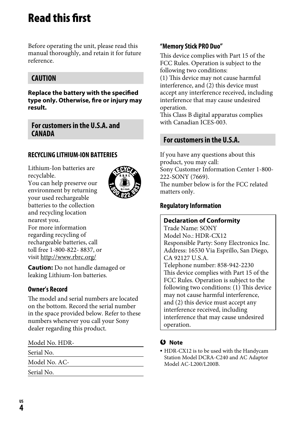 Read this first, Caution, For customers in the u.s.a. and canada | For customers in the u.s.a | Sony HDR-CX12 User Manual | Page 4 / 72