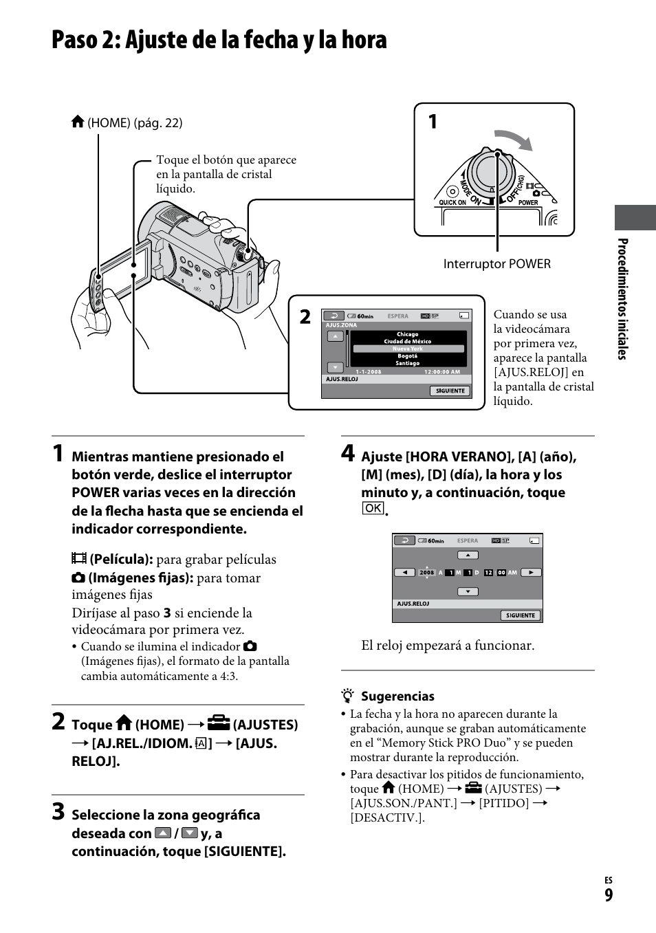 Paso 2: ajuste de la fecha y la hora, 9), el indicador de acceso | Sony HDR-CX12 User Manual | Page 43 / 72
