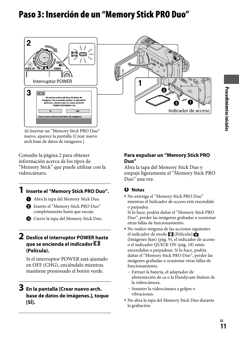Paso 3: inserción de un “memory stick pro duo, Paso 3: inserción de un “memory stick, Pro duo | Sony HDR-CX12 User Manual | Page 45 / 72