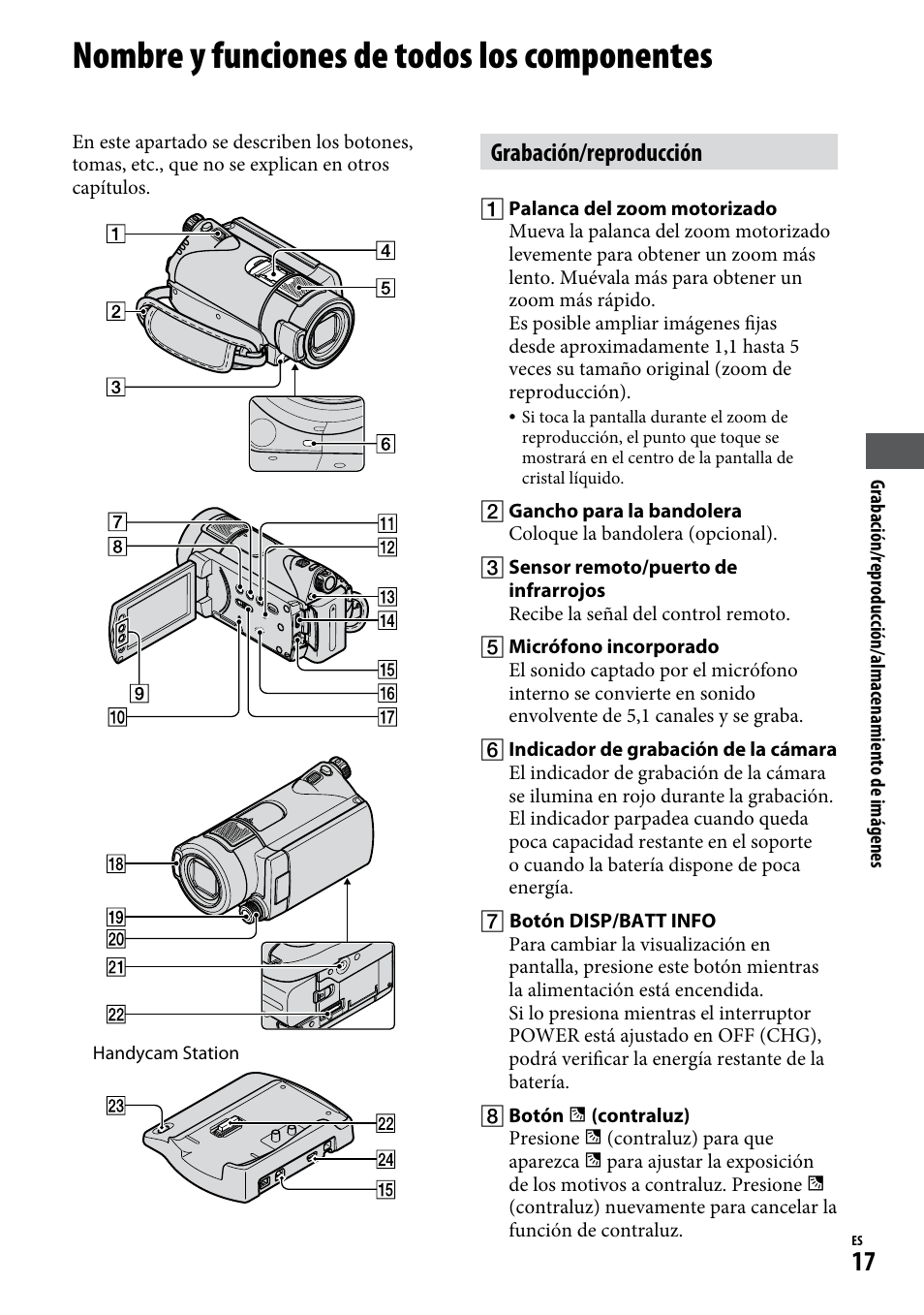 Nombre y funciones de todos los componentes, Nombre y funciones de todos los, Componentes | Grabación/reproducción | Sony HDR-CX12 User Manual | Page 51 / 72