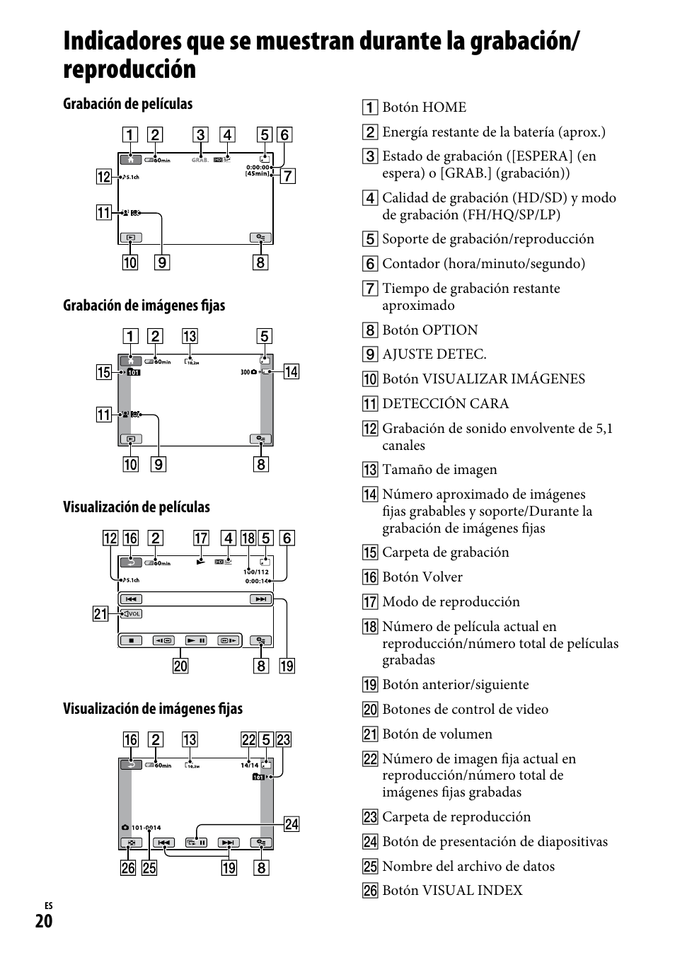 Indicadores que se muestran durante la, Grabación/reproducción | Sony HDR-CX12 User Manual | Page 54 / 72