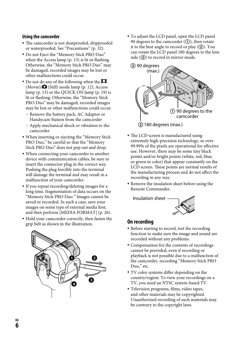 On recording, Using the camcorder | Sony HDR-CX12 User Manual | Page 6 / 72