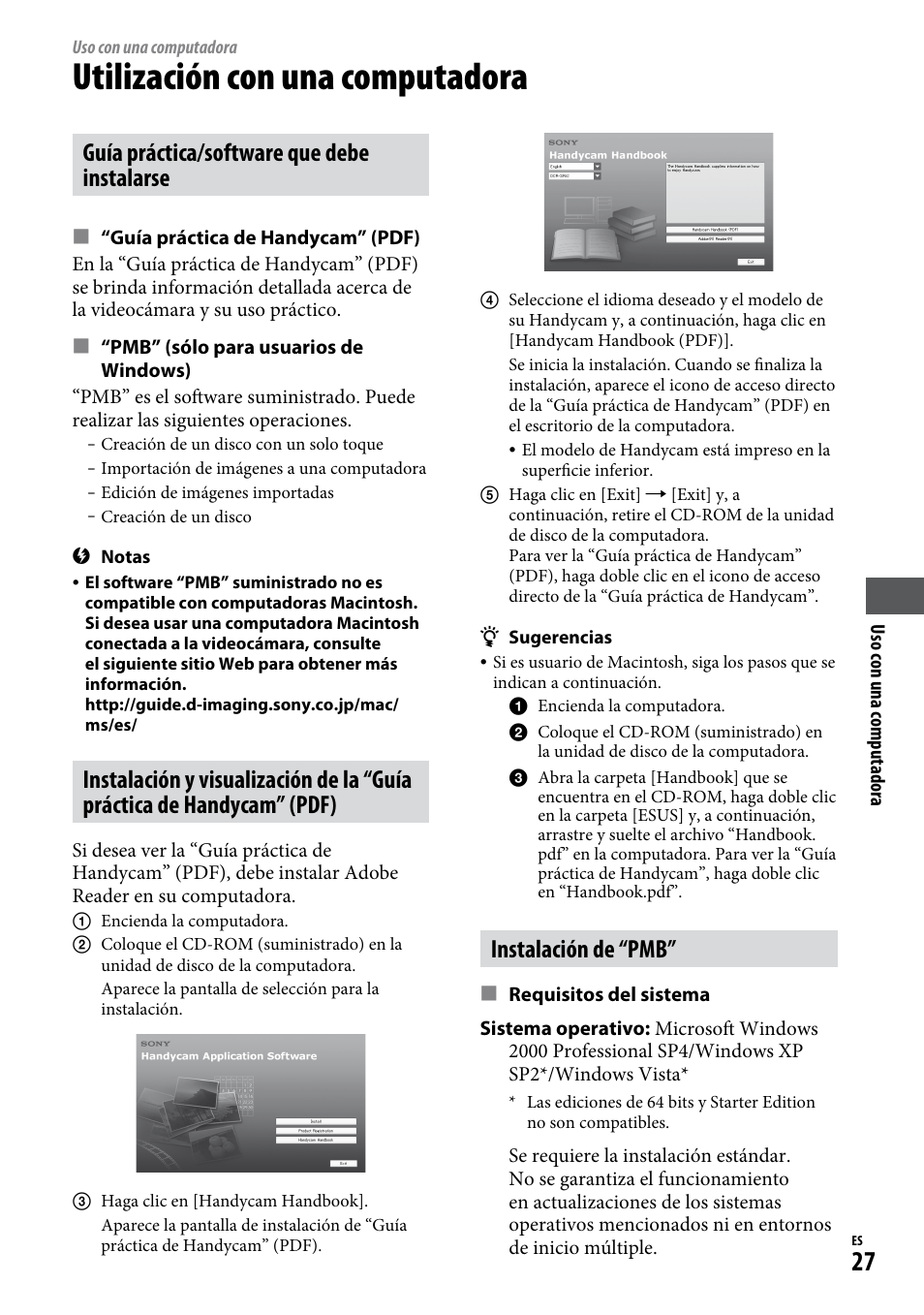 Uso con una computadora, Utilización con una computadora, Instalación de “pmb | Instalación y visualización de la “guía, Práctica de handycam” (pdf), Guía práctica/software que debe instalarse | Sony HDR-CX12 User Manual | Page 61 / 72