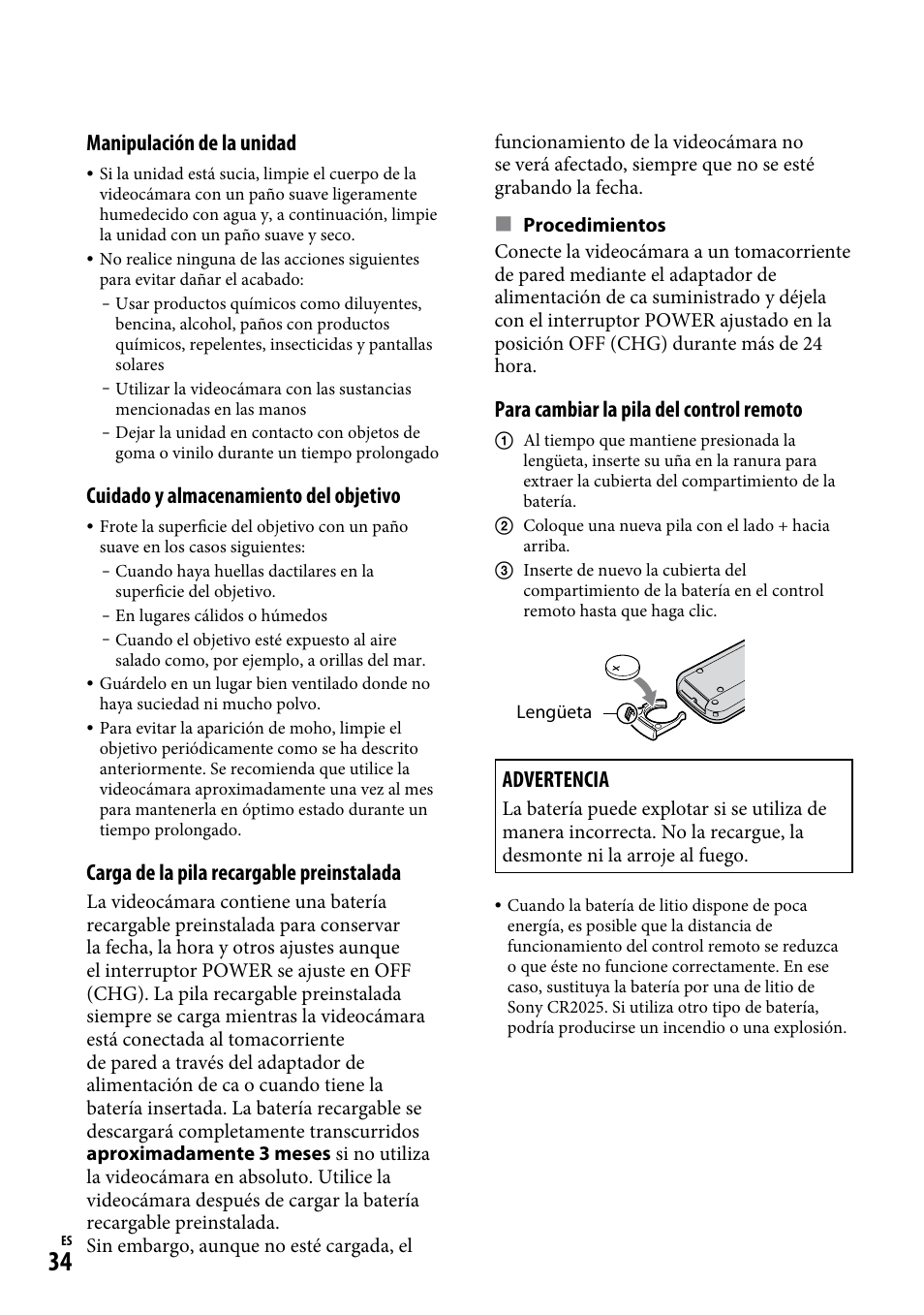 Manipulación de la unidad, Cuidado y almacenamiento del objetivo, Carga de la pila recargable preinstalada | Para cambiar la pila del control remoto, Advertencia | Sony HDR-CX12 User Manual | Page 68 / 72