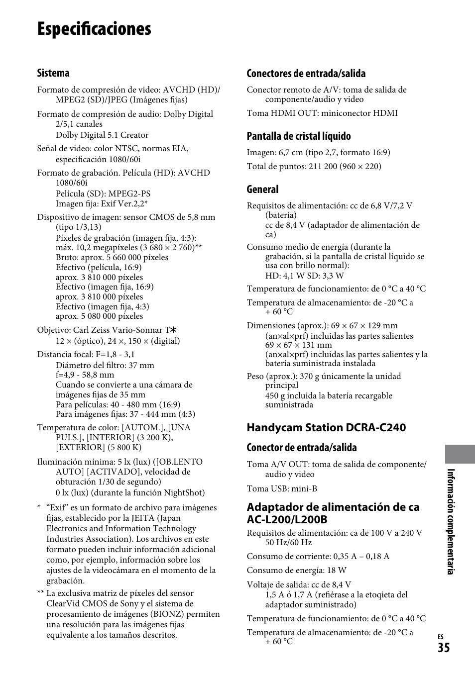 Especificaciones, Sistema, Conectores de entrada/salida | Pantalla de cristal líquido, General | Sony HDR-CX12 User Manual | Page 69 / 72