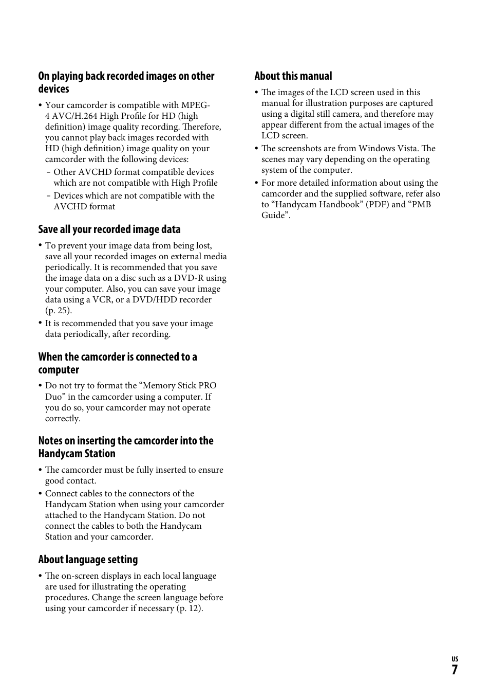 On playing back recorded images on other devices, Save all your recorded image data, When the camcorder is connected to a computer | About language setting, About this manual | Sony HDR-CX12 User Manual | Page 7 / 72