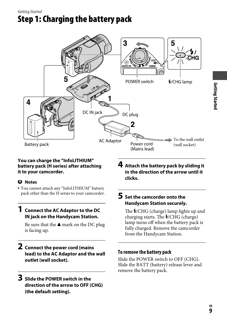 Getting started, Step 1: charging the battery pack | Sony HDR-CX12 User Manual | Page 9 / 72