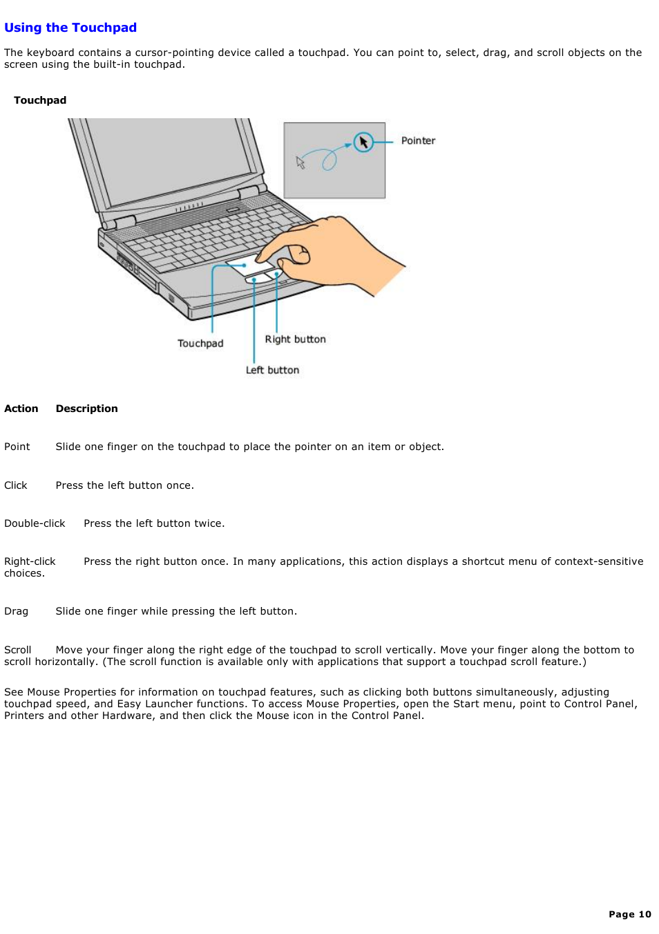 Using the touchpad | Sony PCG-FXA59 User Manual | Page 10 / 131