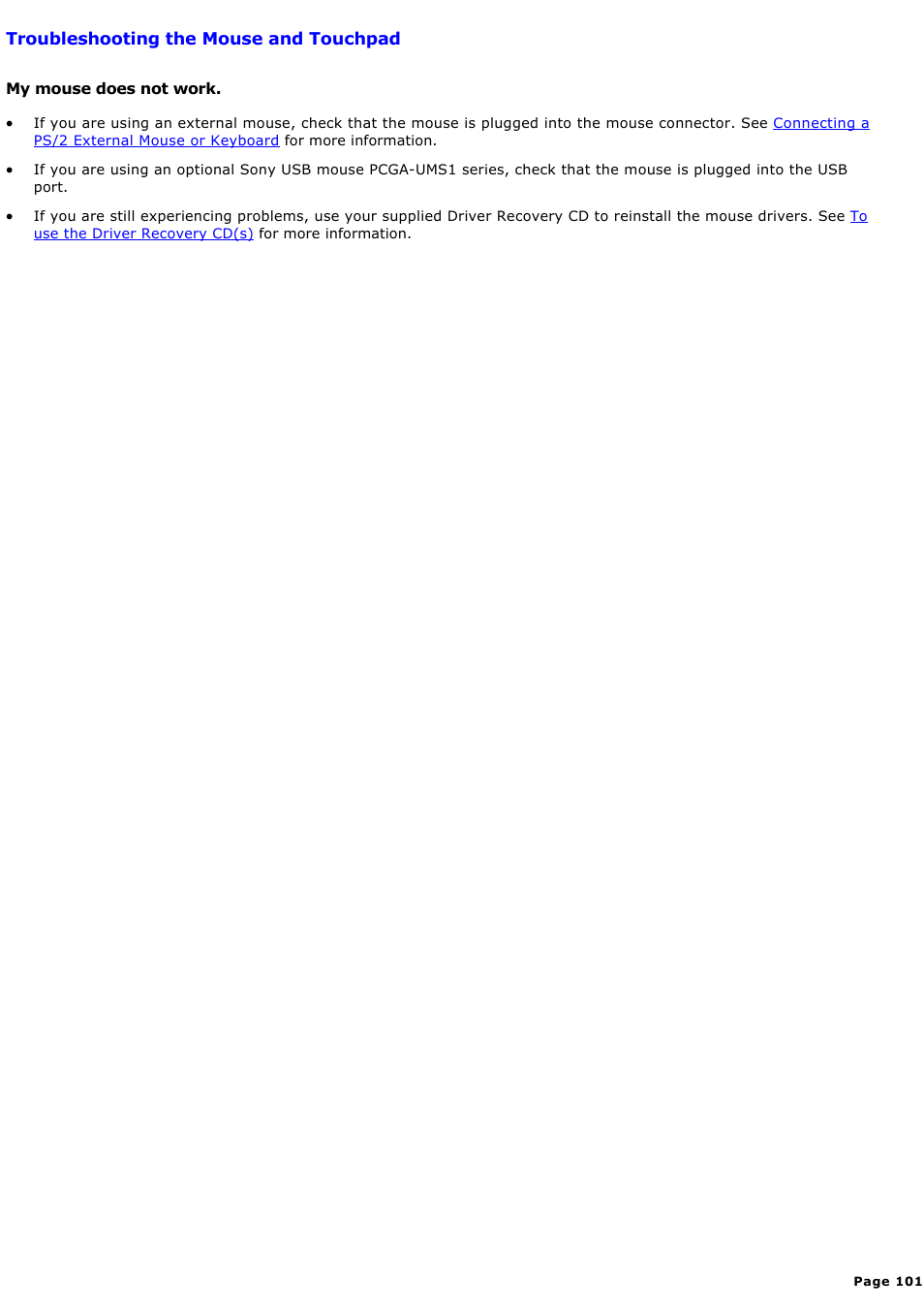 Troubleshooting the mouse and touchpad | Sony PCG-FXA59 User Manual | Page 101 / 131